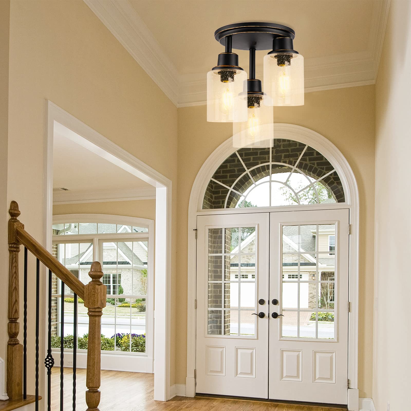 Vintage Oil-Rubbed Bronze Semi Flush Mount Ceiling Light Fixture - 3-Light Close to Ceiling Chandelier with Clear Seeded Glass Shade - Perfect for Stairs, Porch, Hallway, Entryway, Kitchen, Dining Room and Bedroom Lighting