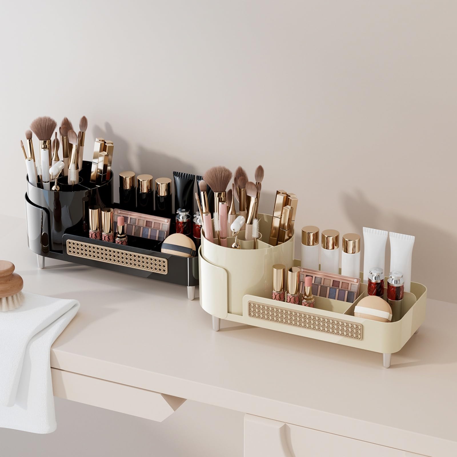 Rotating Makeup Organizer with Large Capacity - 2-in-1 Cosmetic Storage for Vanity & Bathroom | Black Makeup Display Case for Countertop - Perfect for Organizing Lipsticks, Brushes & Skincare Products