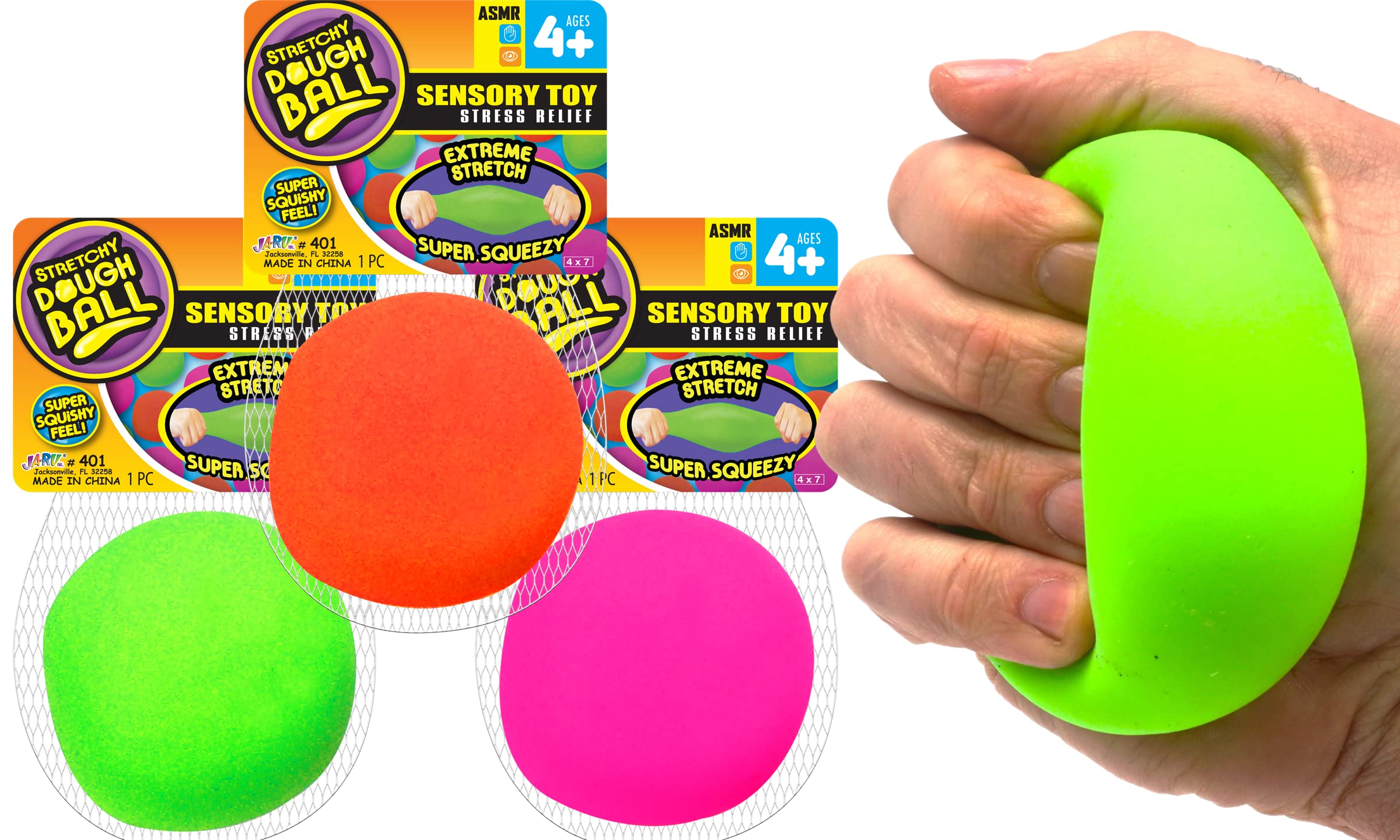 JA-RU Stretchy Dough Ball Squishy Toys (3 Pack) - Neon Color Sensory Fidget Toys for Kids & Adults | Stress Relief Hand Therapy | Office Desk Squeeze Ball for Anxiety | Bulk Sensory Toys 401-3p | Perfect for Classroom, Travel & ADHD Focus Aid