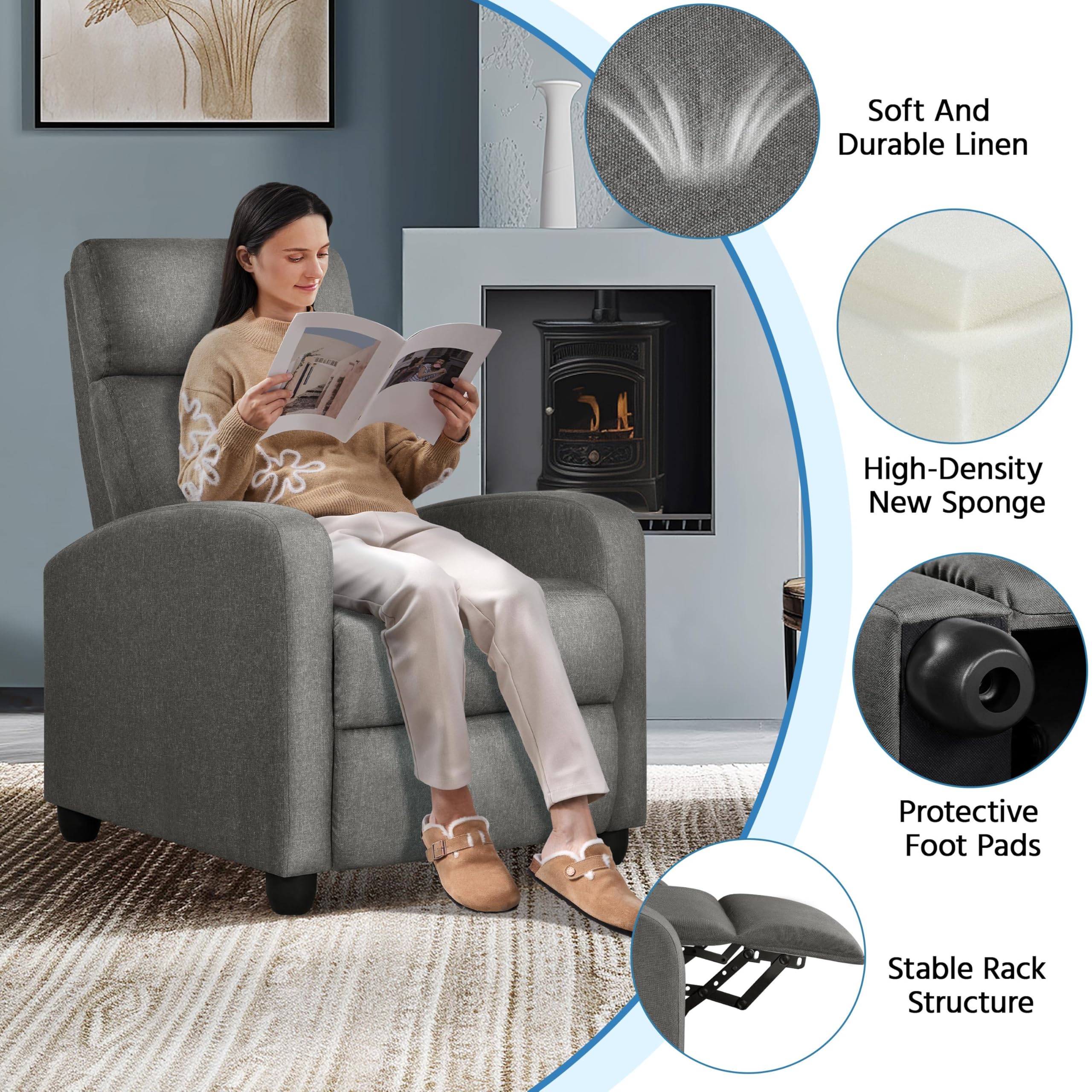 Yaheetech Fabric Recliner Chair - Ergonomic Adjustable Single Sofa with Thick Seat Cushion, Modern Home Theater & Living Room Seating in Matte Grey - Perfect for Relaxing, Movie Nights & Small Spaces