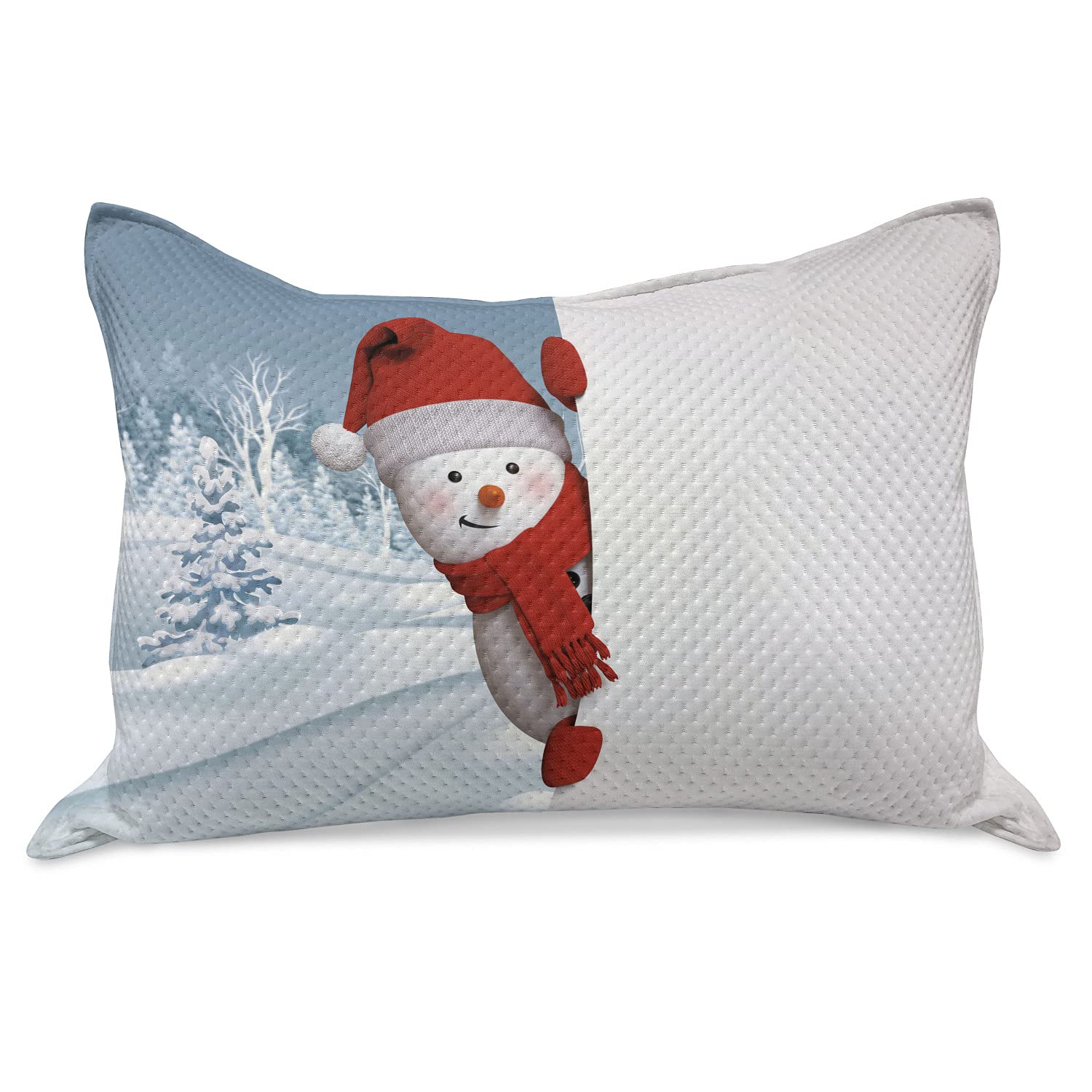 Ambesonne Snowman Knitted Quilt Pillow Cover - Funny Peeking Character Design with Snowy Fir Forest Background, Standard King Size 36x20 Inches, Red Blue Grey White - Cozy Winter Bedroom Decor for Christmas & Holiday Season