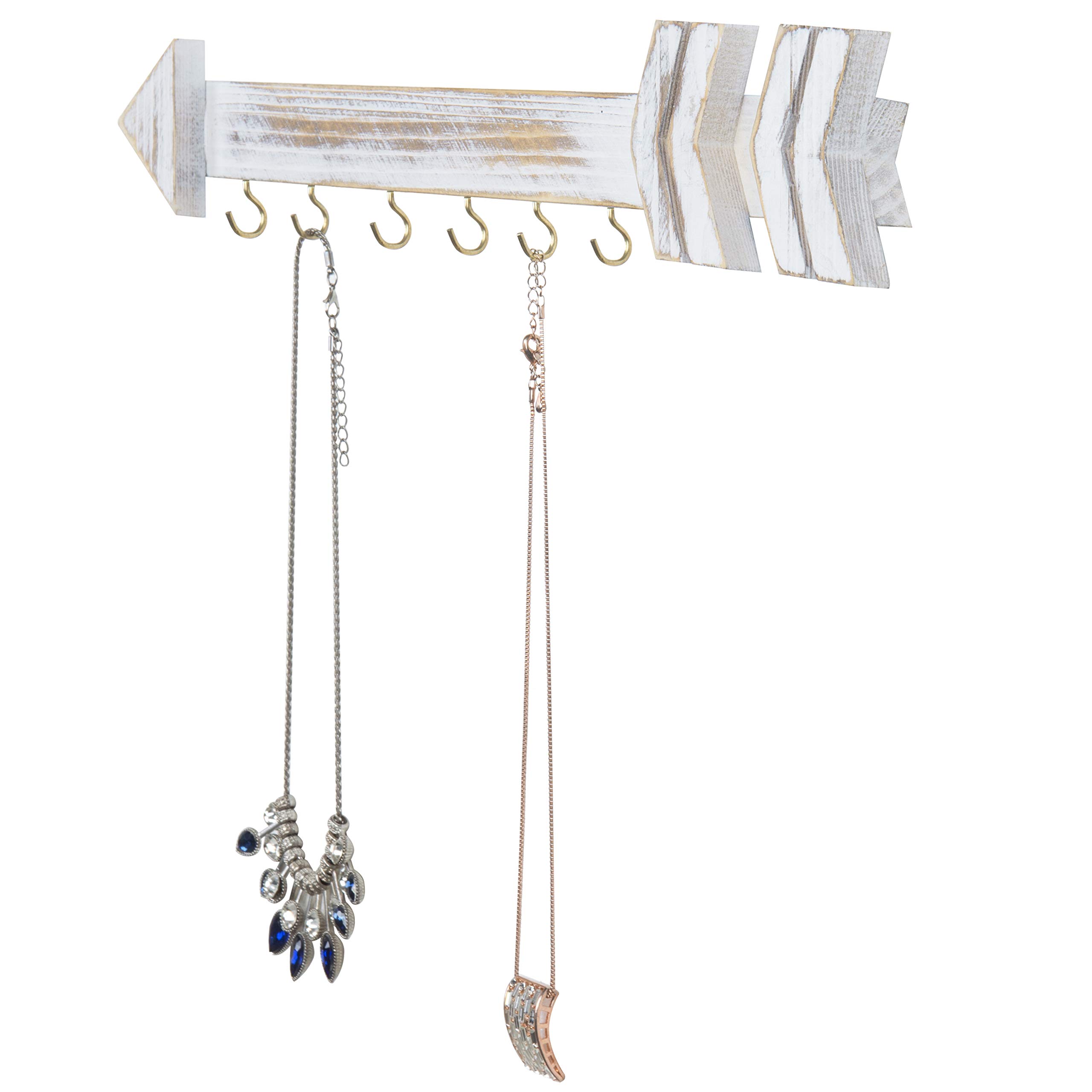 MyGift Whitewashed Wood Wall Jewelry Organizer - Arrow Design Necklace Hanging Rack with 6 Hooks | Perfect for Bedroom, Bathroom & Closet Organization | Space-Saving Jewelry Storage Solution