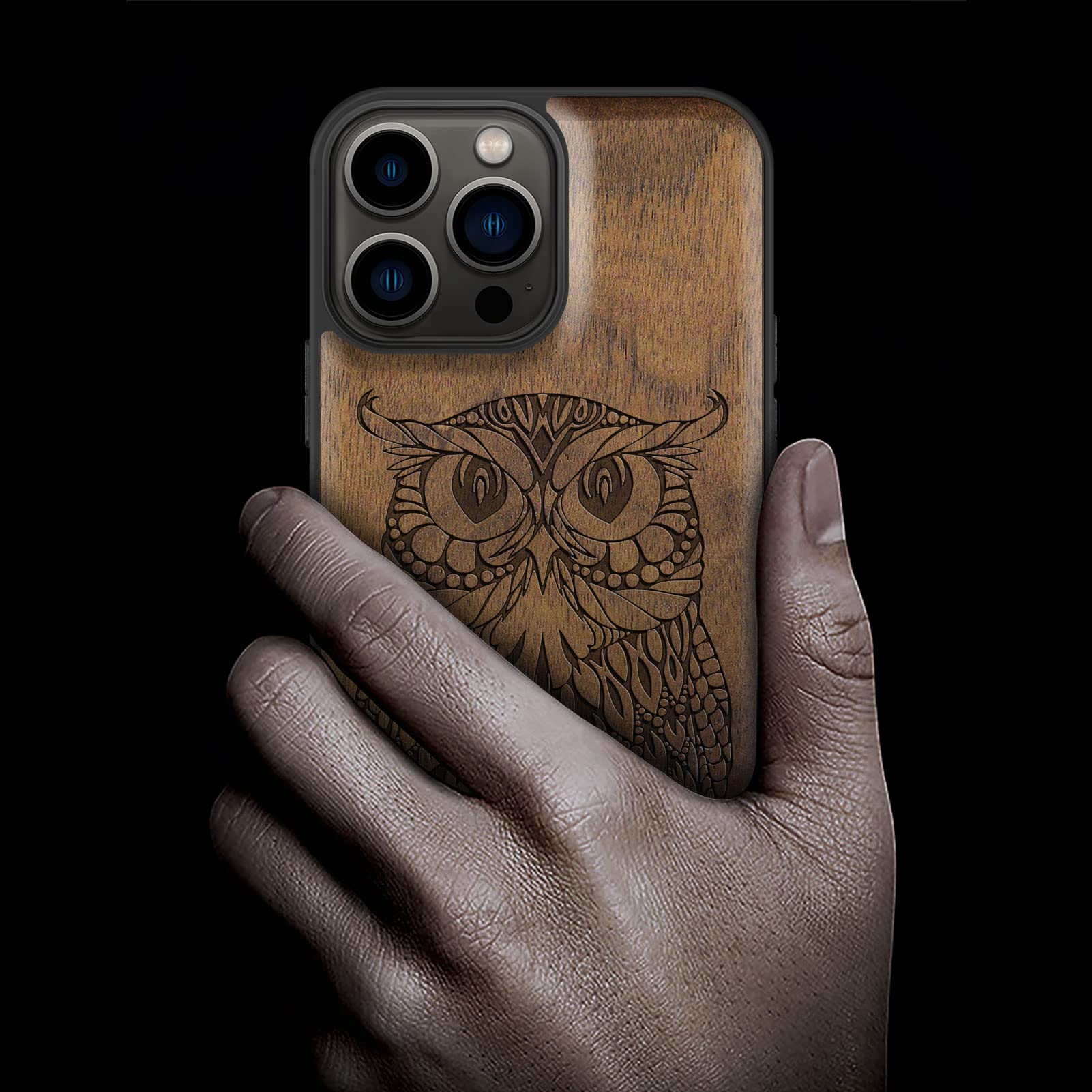 Carveit Magnetic Wooden Case for iPhone 13 Pro Max - Natural Walnut Wood & Black TPU - Shockproof Protective Cover with MagSafe Compatibility - Mandala Owl Carving Design - Perfect for Outdoor Adventures, Business Meetings & Everyday Protection