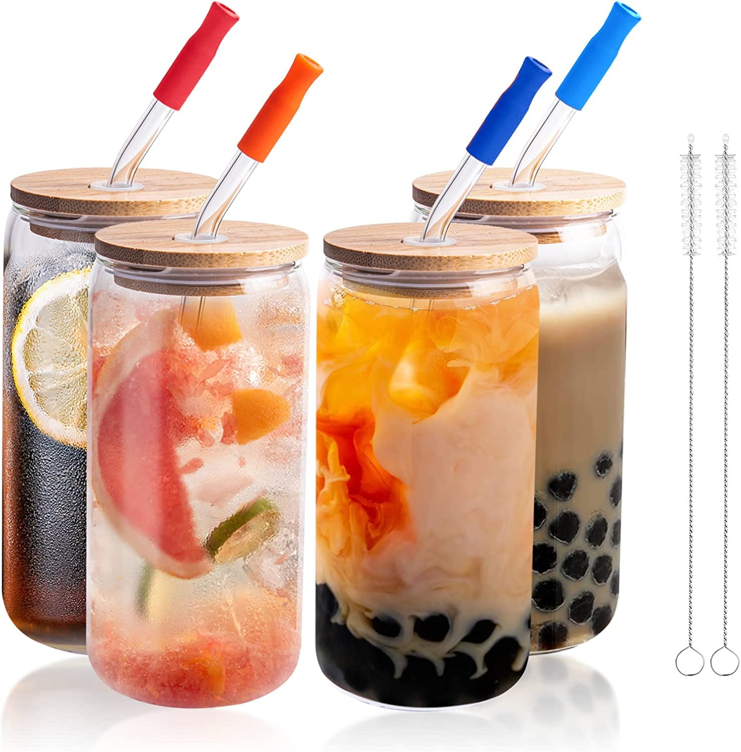 4-Pack 16oz Beer Can Shaped Glass Cups with Bamboo Lids & Reusable Straws - Insulated Iced Coffee, Cocktail, Soda, Juice & Water Drinking Glasses - Perfect for Parties, BBQs, Bars and Home Use