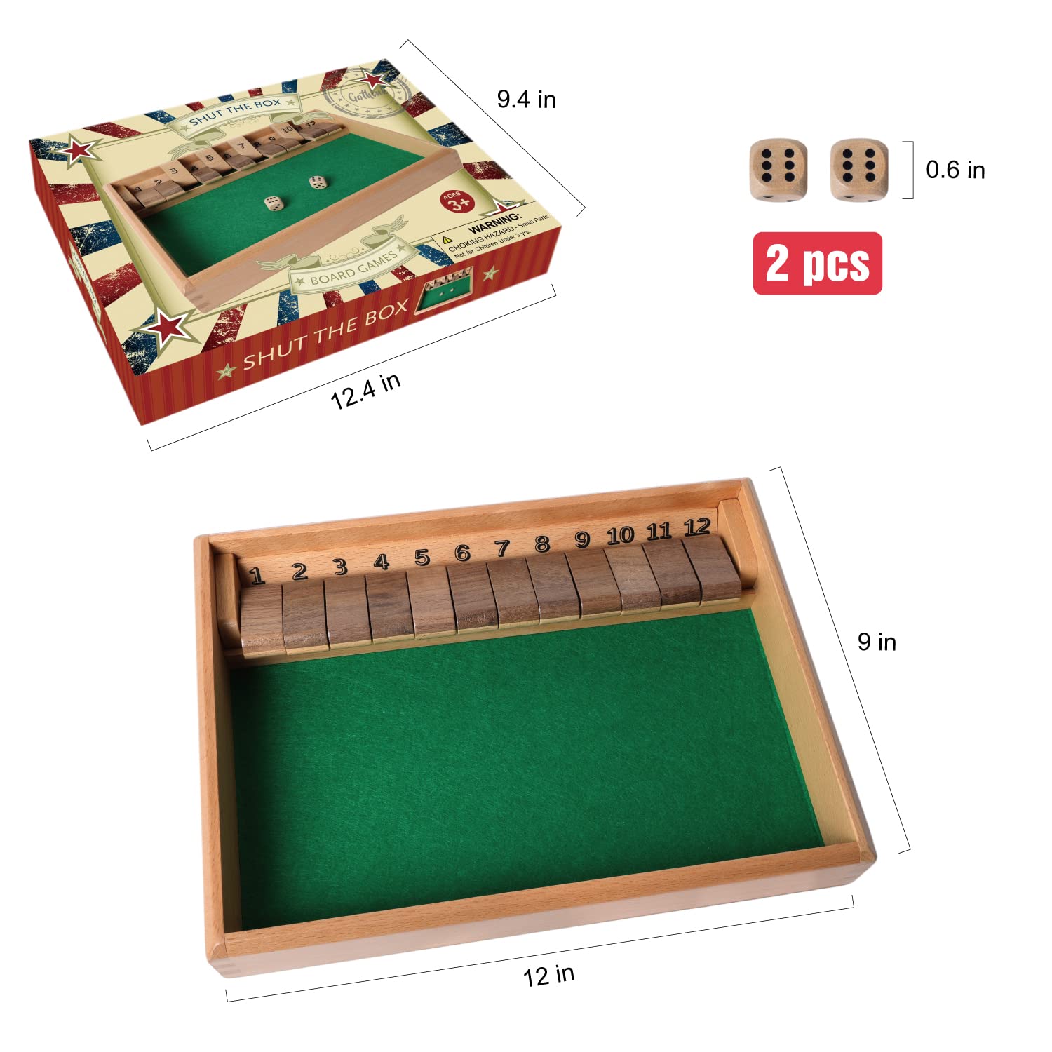GOTHINK Shut The Box Wooden Board Dice Game - 12 Number Classic Math Tabletop Game with 2 Dice for Kids & Adults | Fun Family Game Night, Classroom Learning, Pub Entertainment & Home Party Activity