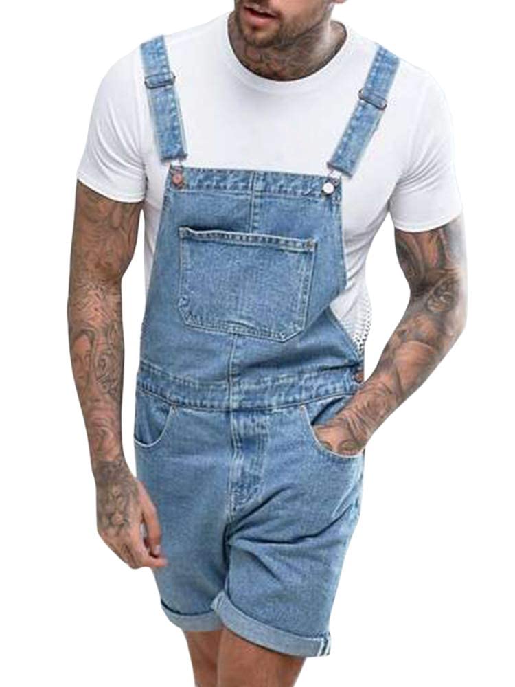 Runcati Men's Denim Shorts Bib Overalls - Loose Fit Jean Romper with Button Pockets | Casual Summer Jumpsuit for Outdoor Activities, BBQ Parties & Streetwear Fashion