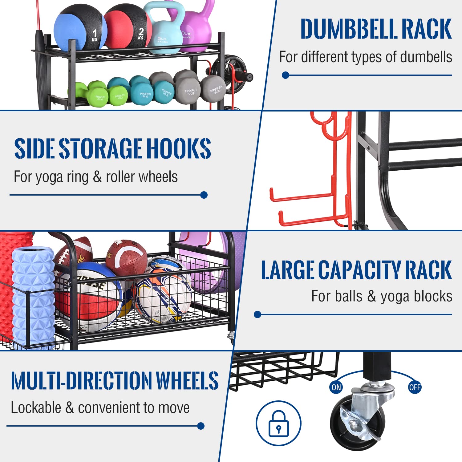 Mythinglogic Adjustable Dumbbell Rack with Wheels - Heavy Duty Home Gym Storage Organizer for Dumbbells, Kettlebells & Yoga Mats - Space Saving Workout Equipment Rack with Hooks - Perfect for Garage, Basement & Home Fitness Rooms