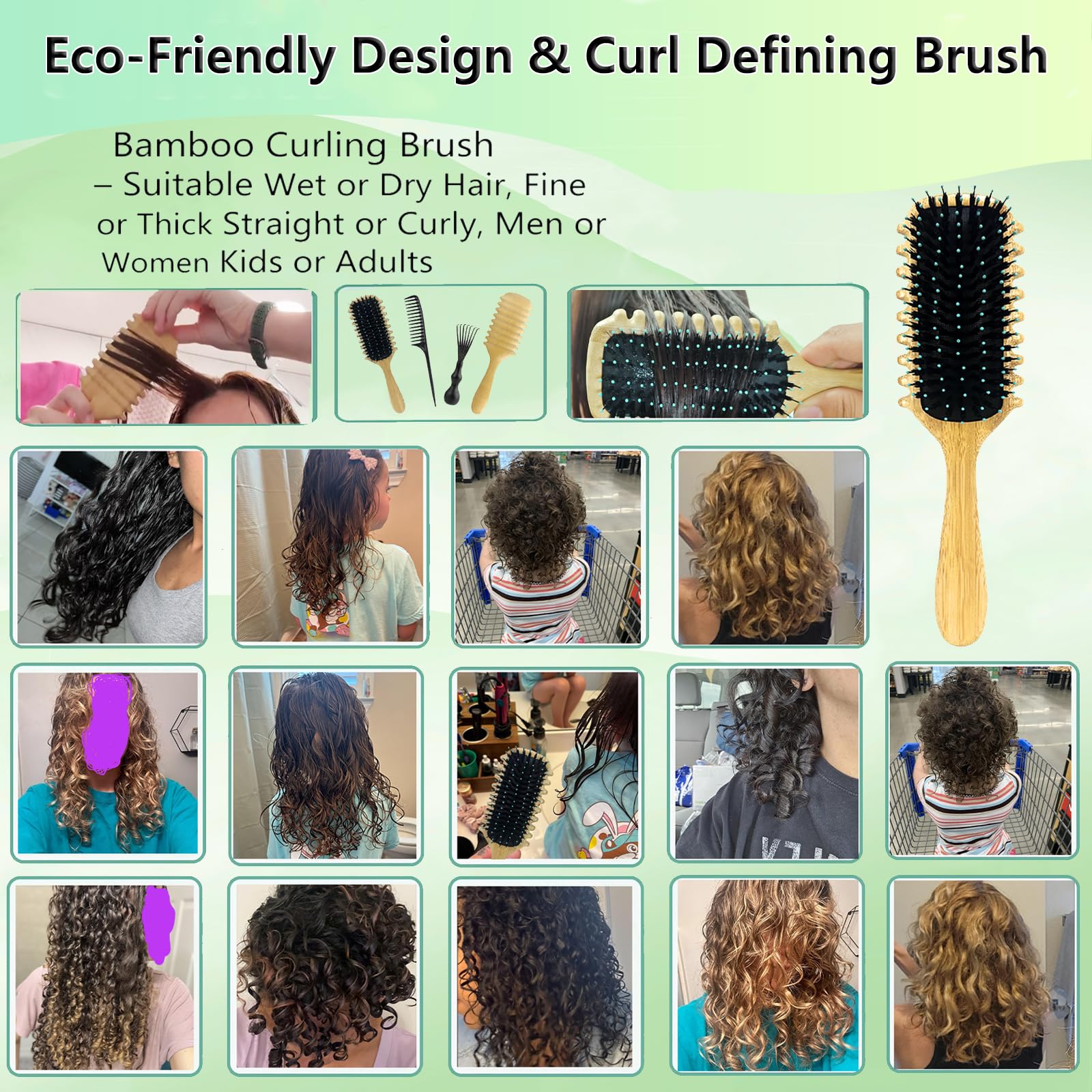 2 Pack Curly Hair Brush for Men & Women - Natural Bamboo Curl Defining Brush for Wet & Dry Hair - Detangling Comb for Curly Hair with Reduced Pulling - Perfect for Salon, Home & Travel Use (Bamboo)