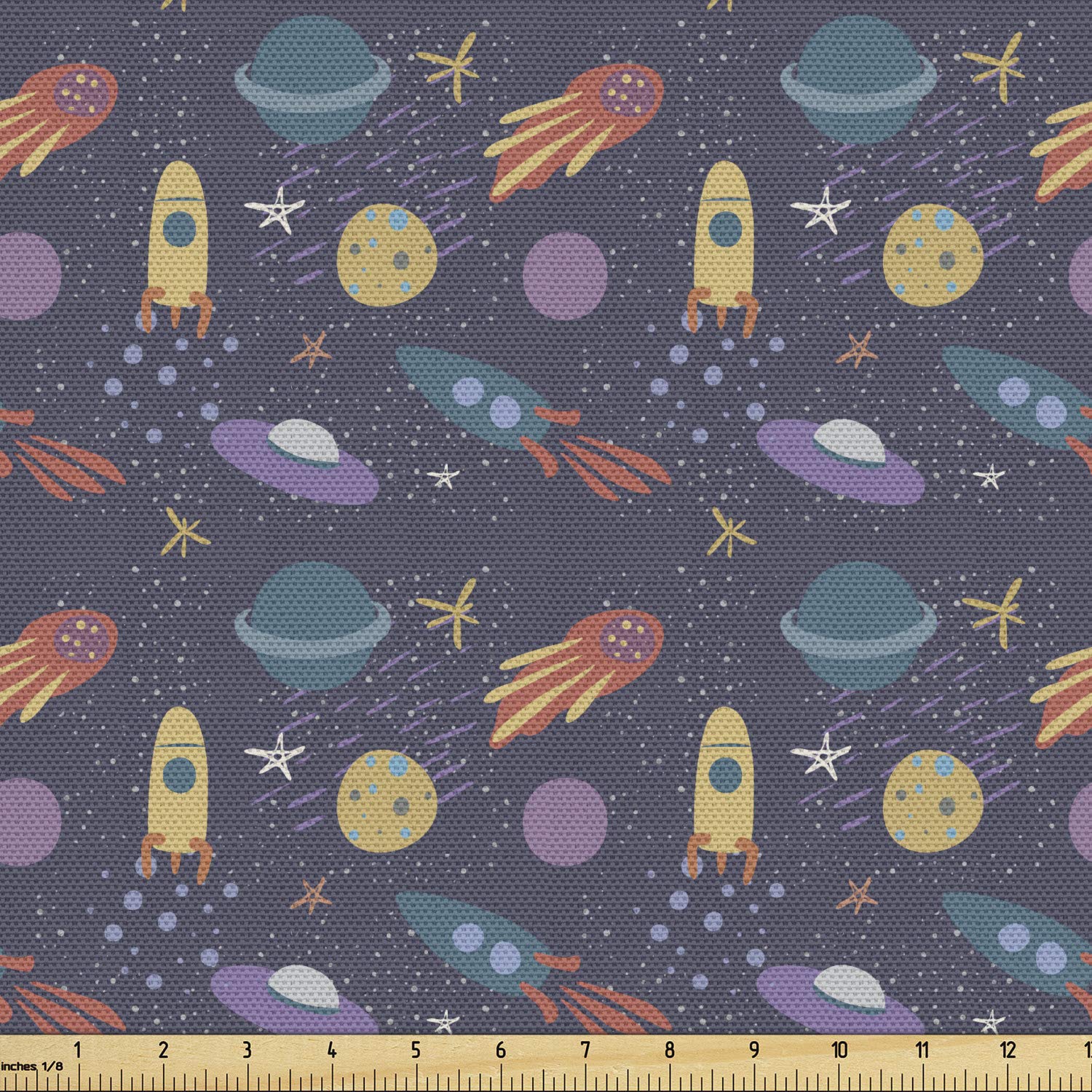 Ambesonne Alien Fabric by The Yard - Space Themed Comet, Stars, Rockets & Planets in Pastel Tones | Decorative Upholstery Fabric for Sofa, Curtains & Home Decor | 10 Yards Multicolor | Perfect for DIY Projects, Nursery Decor & Sci-Fi Themed Rooms