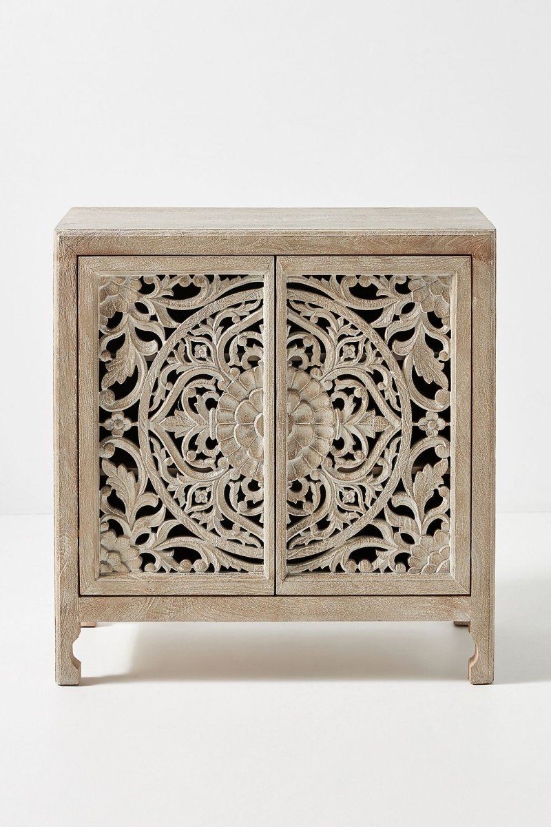 Hand Carved Lombok Entryway Cabinet - Solid Wood Kitchen Storage Unit with 3 Drawers & Shelves | Perfect for Hallway, Living Room & Dining Room Organization