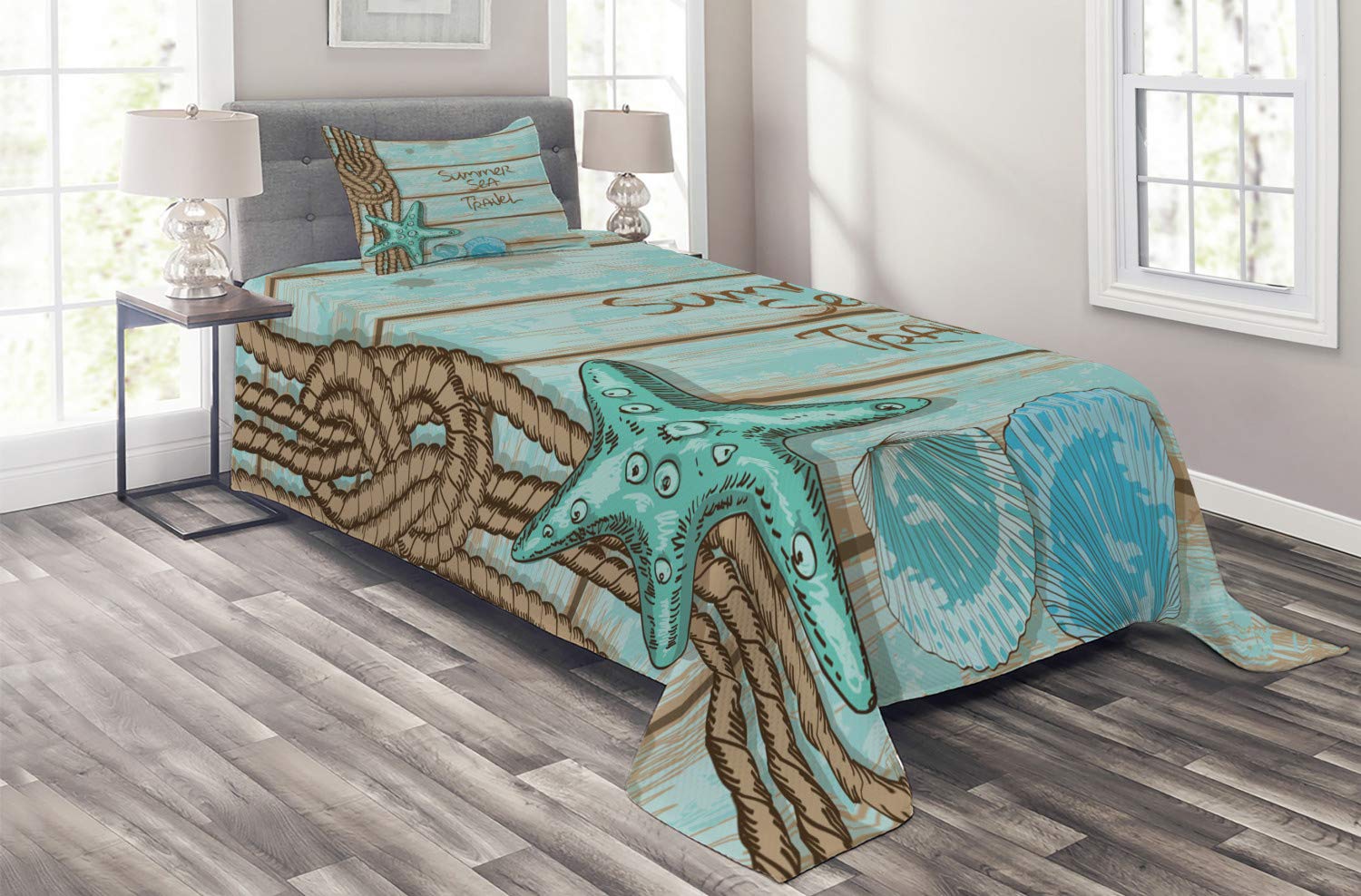 Ambesonne Starfish Quilt Set - 3 Piece Twin Size Bedspread with 2 Pillow Shams, Mint Green Turquoise Nautical Theme | Summer Beach Decor, Coastal Bedroom Style for Sea Travel Lovers