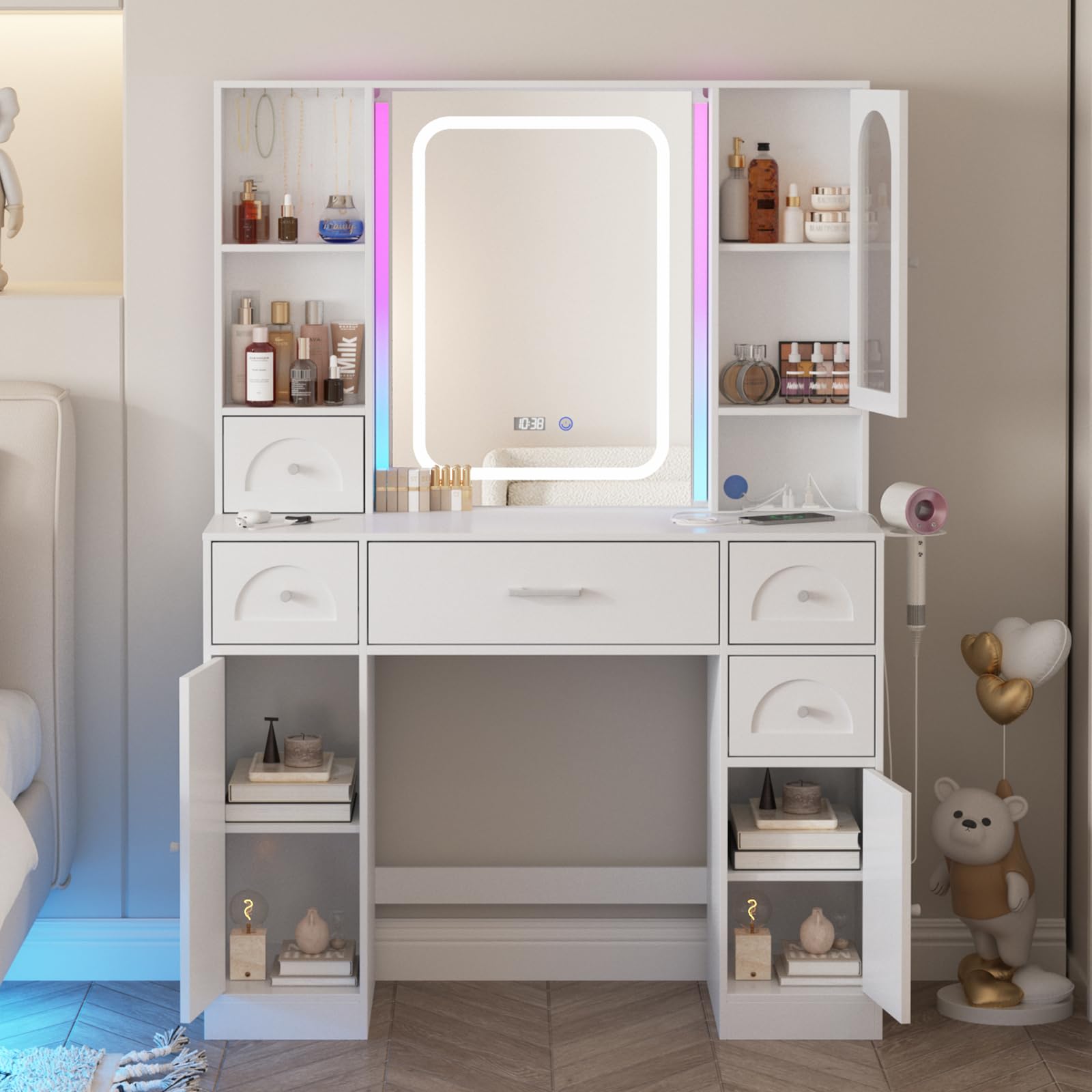 Fameill White Vanity Desk with LED Mirror & 5 Drawers - Makeup Table with RGB Lights & Storage for Bedroom