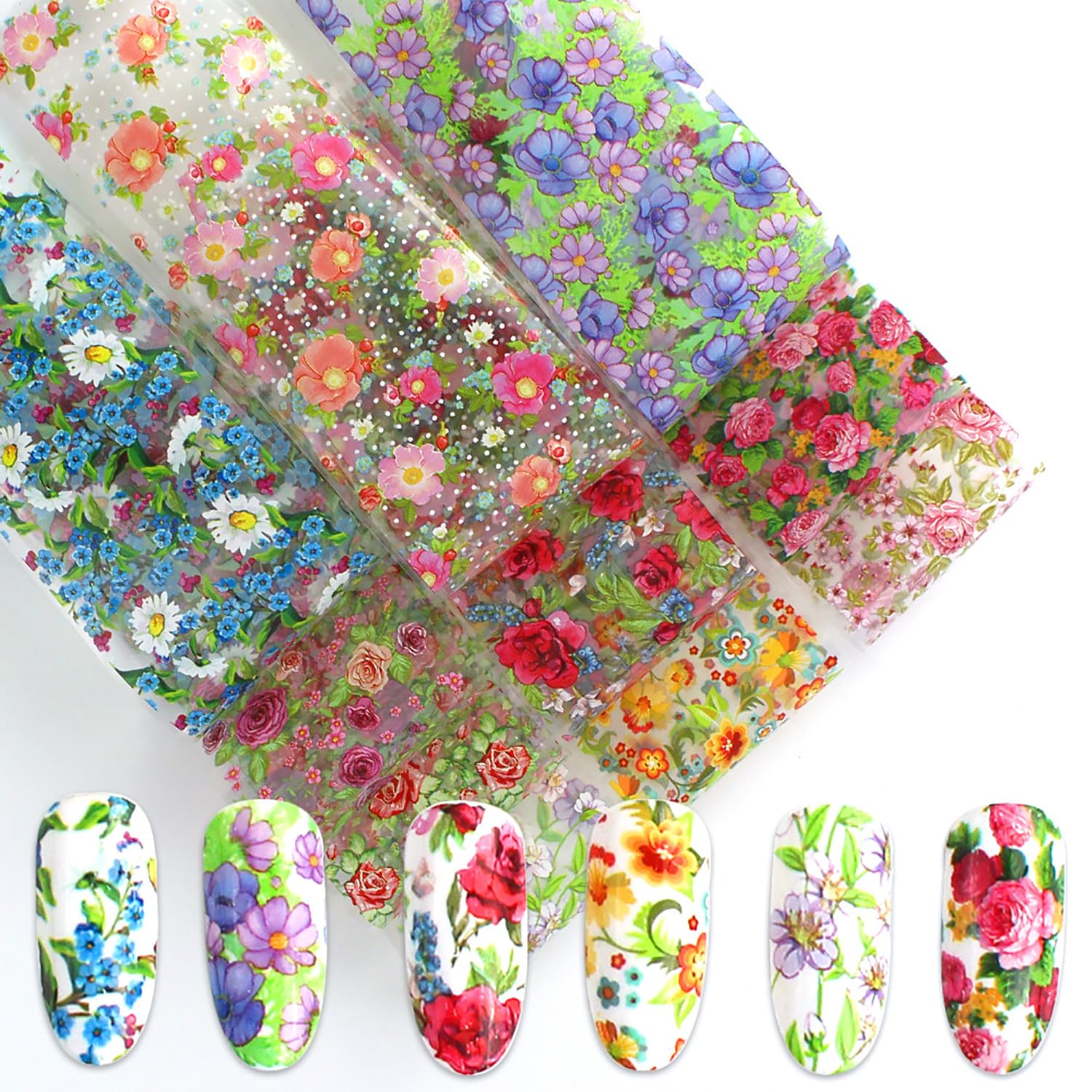 Holographic Floral Nail Foil Wraps - 10 Rolls DIY Nail Art Stickers & Decals for Manicure (39.3 Inch Length) - Perfect for Salon, Home Nail Design & Party Nail Decoration