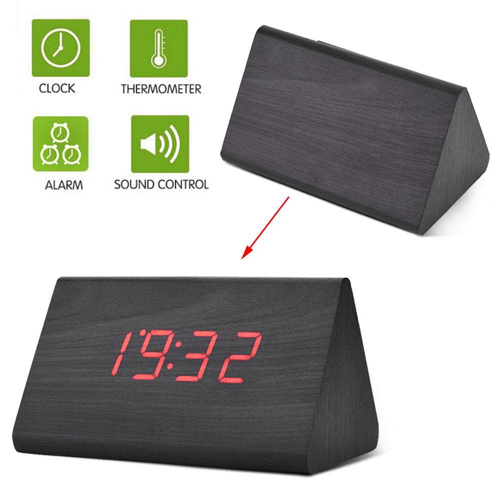 Best Digital Wooden Alarm Clock with LED Display & Voice Control - Modern Electronic Clock for Bedroom, Office, and Travel (Black)