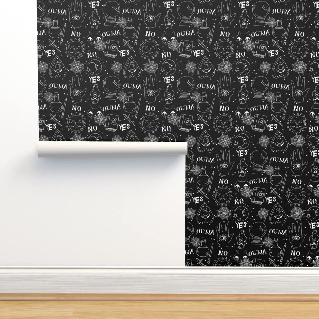 Ouija Halloween Removable Wallpaper 12ft x 2ft - Spooky Ghost Pumpkin Design for Fall Decor | Black & White Pre-Pasted Peel & Stick Wall Covering by Spoonflower | Perfect for October Parties, Haunted Houses & Seasonal Home Decor