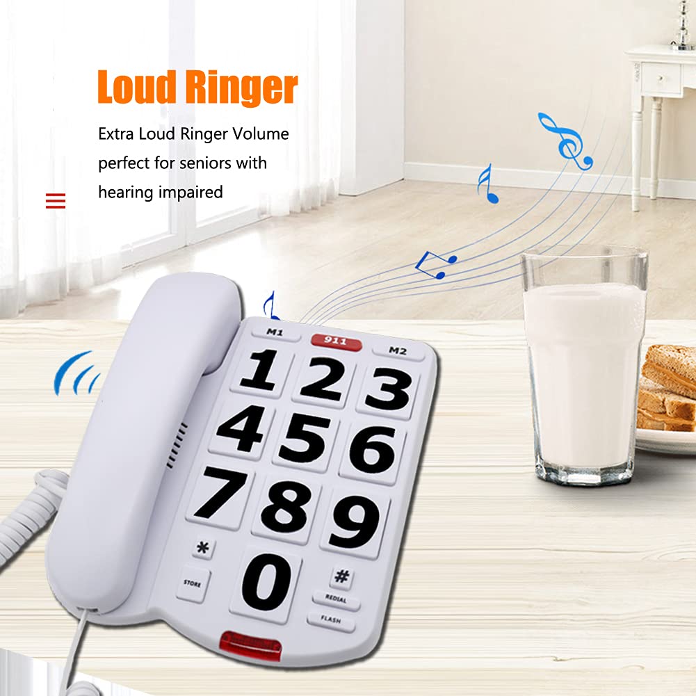 Big Button Corded Phone for Seniors - Amplified Landline Telephone with Extra Loud Ringer & Clear Sound | Easy-to-Use Home Phone for Elderly, Hearing & Visually Impaired | Perfect for Bedroom, Kitchen & Home Office Use