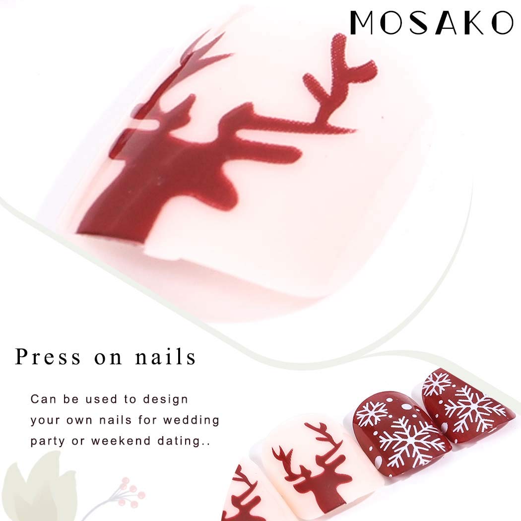 Mosako Christmas Snowflake Press-On Nails - 24Pcs Red Glossy Fake Nails with Deer Design, Acrylic Full Cover Artificial Fingernails for Women & Girls | Perfect for Holiday Parties, Gift Giving & Festive Nail Art