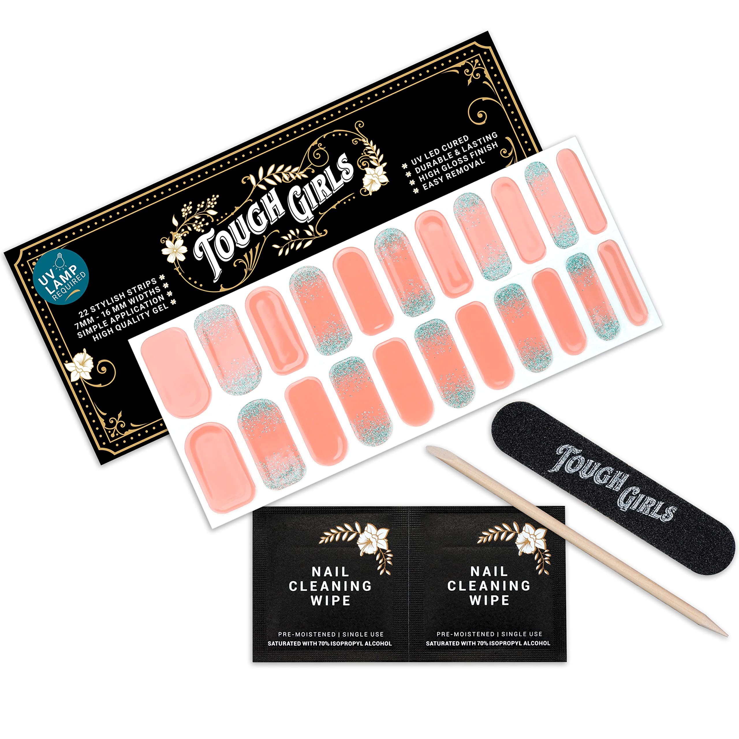 22 Premium Semi-Cured Gel Nail Polish Strips with Application Accessories (Coral & Faded Mist) - Perfect for Home Manicures & Special Occasions