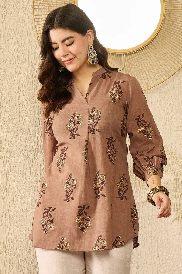 Brown Cotton Blend Floral Print Women's T-Shirt - Casual Comfort Top for Spring Summer Outfits, Daily Wear & Weekend Style