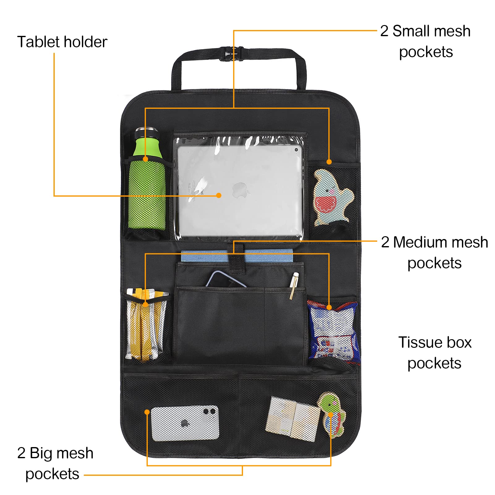 Durable Waterproof Car Backseat Organizer with Tablet Holder - 2 Pack Oxford Fabric Storage for Kids Toys & Snacks - 8 Mesh Pockets & 2 Large Pockets - Perfect for Road Trips & Family Travel Accessories