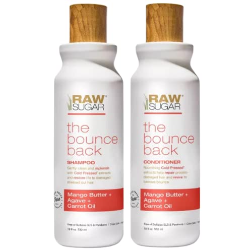 Raw Sugar The Bounce Back Mango Butter + Agave + Carrot Oil Shampoo & Conditioner Set - 18 Fl Oz Each | Hydrating & Repairing Hair Care for Dry, Damaged Hair | Perfect for Daily Use & Salon-Quality Results at Home