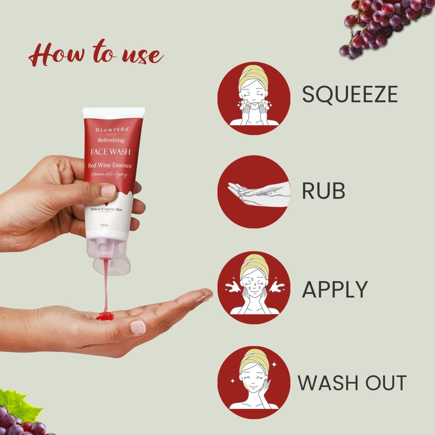 Glamveda Red Wine Anti-Aging Face Wash - Antioxidant Rich, Nourishing Facial Cleanser for Youthful Skin - Paraben & SLS Free - Pack of 2 - Perfect for Daily Skincare Routine & Anti-Wrinkle Care