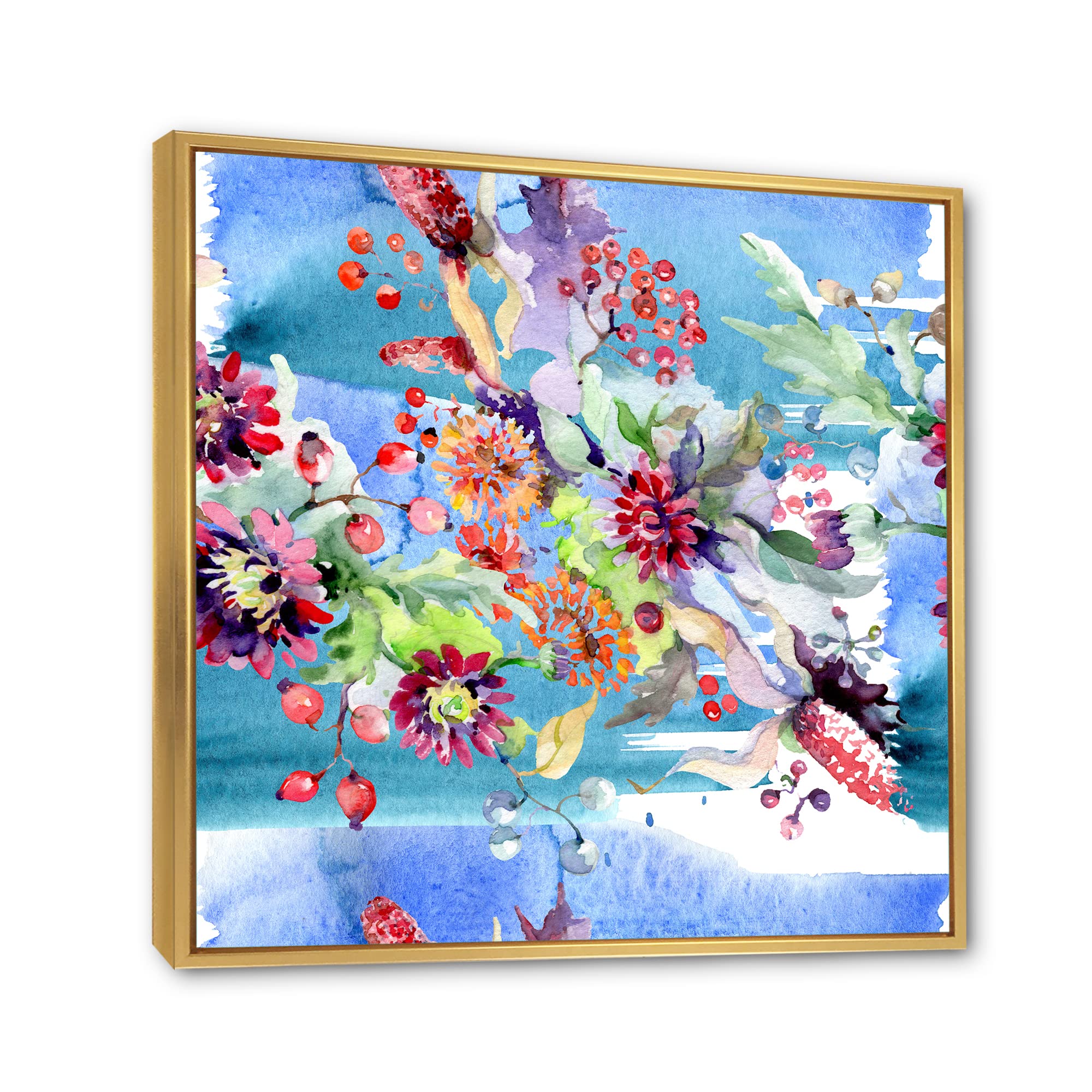 DesignQ Vibrant Wild Spring Leaves & Flowers XIII - Modern Framed Canvas Wall Art Print for Living Room, Bedroom & Office Decor