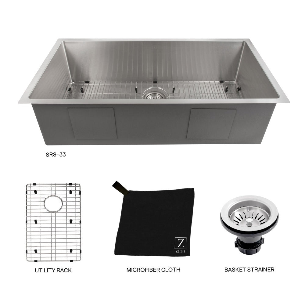 ZLINE Meribel 33-Inch Undermount Single Bowl Stainless Steel Kitchen Sink with Bottom Grid (SRS 33) - Durable & Stylish for Modern Kitchens, Perfect for Food Prep & Dishwashing