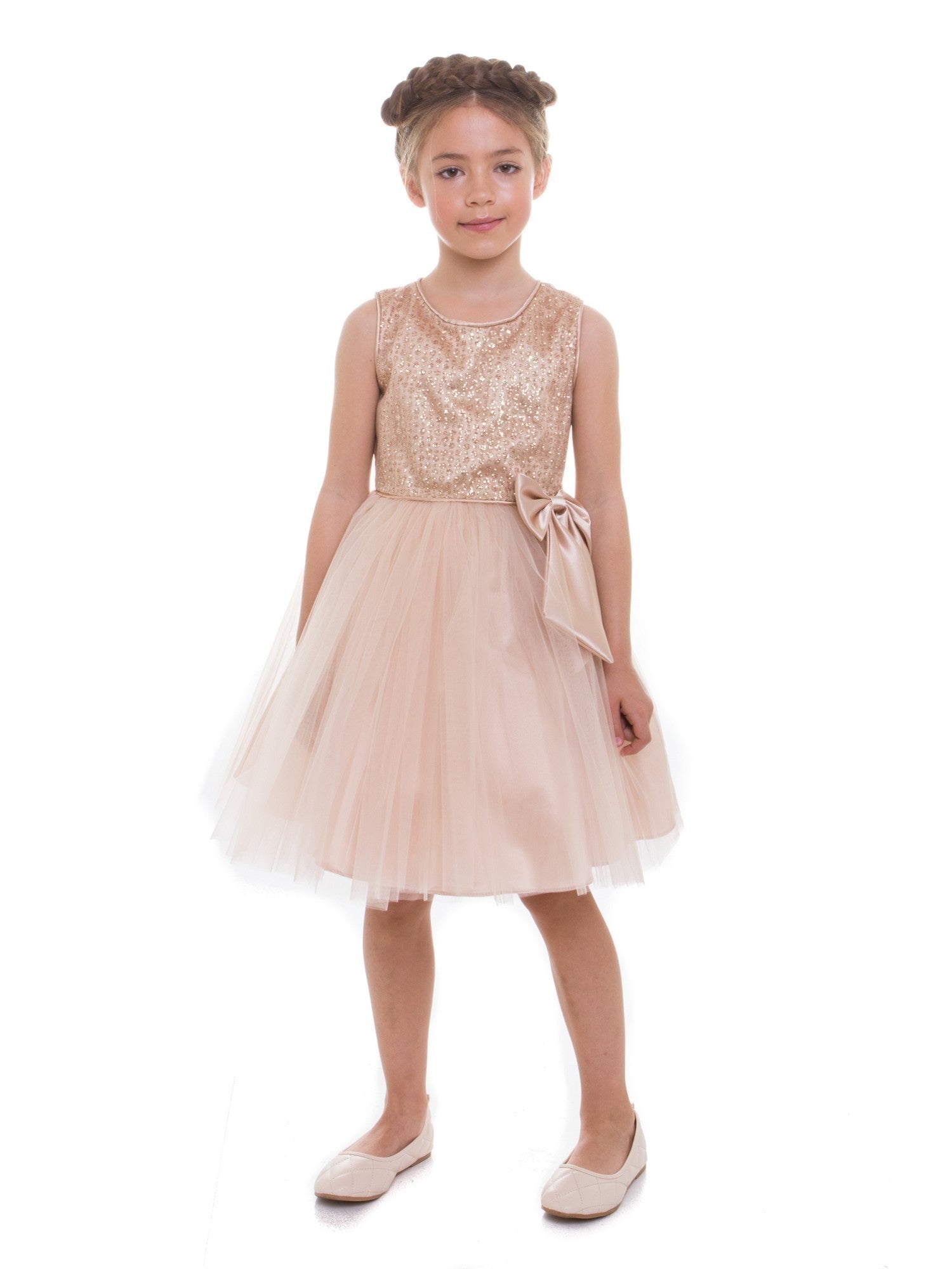 Champagne Sequin Bow Junior Bridesmaid Dress for Big Girls - Size 8-12 | Perfect for Weddings, Prom & Special Occasions
