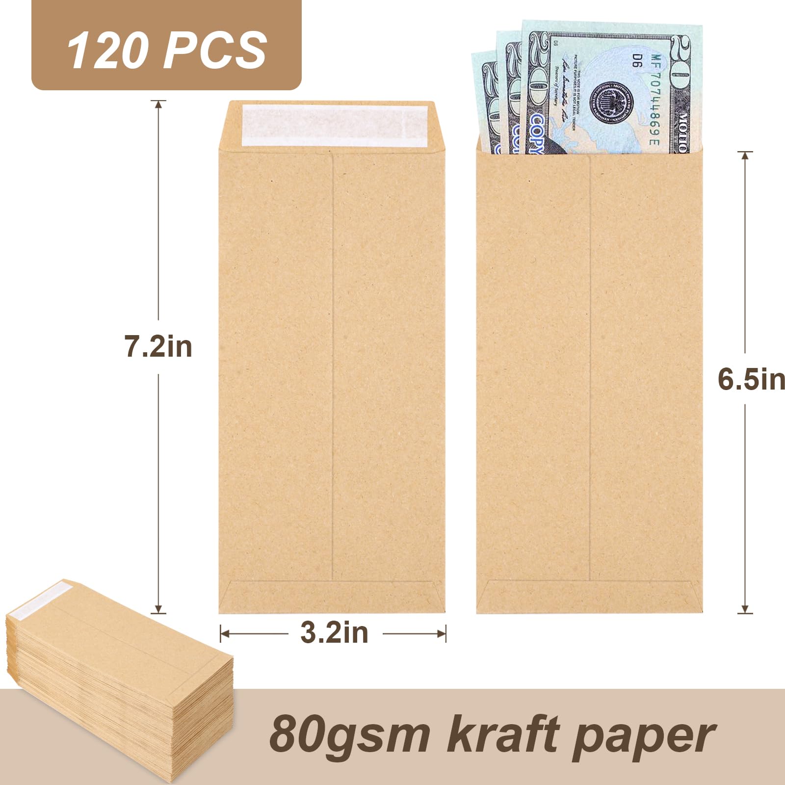 Joyberg 120 PCS Self-Adhesive Kraft Paper Money Envelopes - 6.5”x3.2” Small Cash Envelopes for Budgeting, Coin Storage & Money Saving Challenge | Perfect for Organizing Cash, Checks, Bills & Small Items | Ideal for Home, Office & Gift Giving
