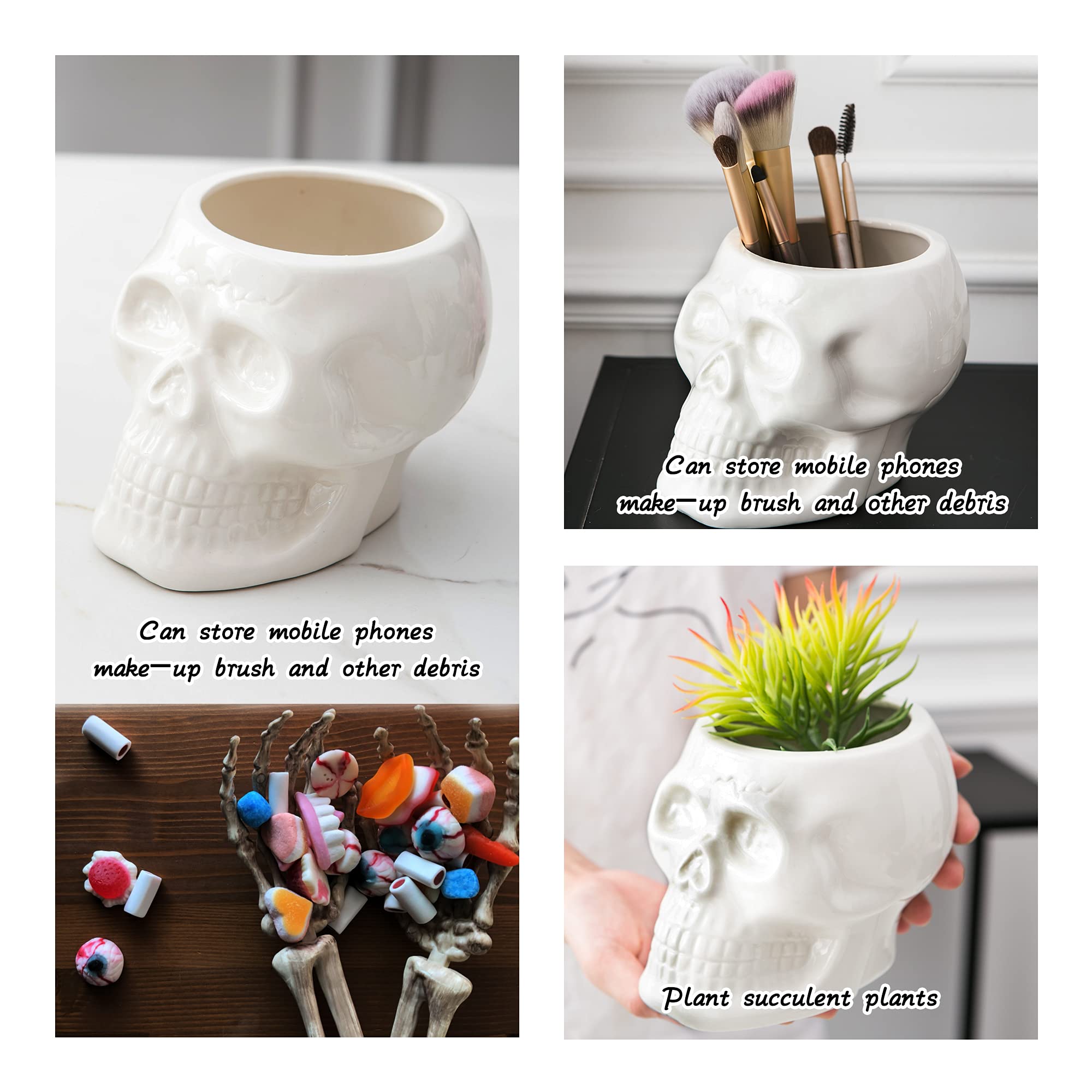 Skull Planter Pots & Skeleton Vase for Succulents & Flowers | Gothic Table Centerpiece | Punk Home Decor | Halloween & Day of The Dead Decorations - White | Perfect for Goth Home Decor, Halloween Parties & Succulent Displays