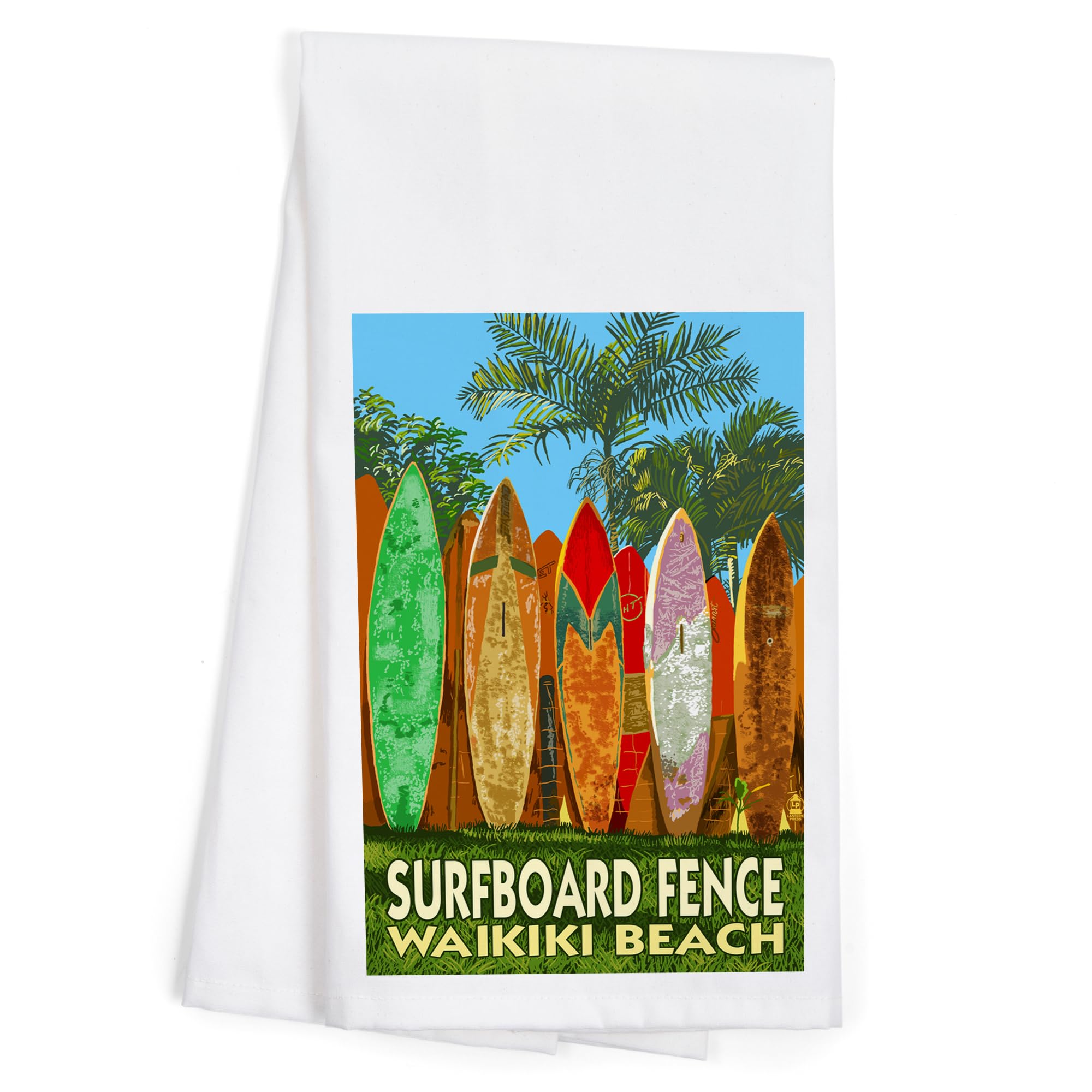Lantern Press Waikiki Beach Hawaii Surfboard Fence Cotton Tea Towel - 100% Cotton Decorative Hand Towel for Kitchen, Bathroom & Home Decor | Perfect for Beach House, Coastal Decor & Hawaiian Theme Gifts