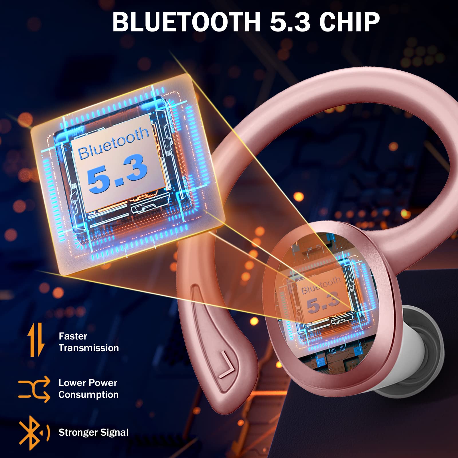 Wireless Bluetooth 5.3 Earbuds with Hi-Fi Stereo Bass, 48H Playtime & Noise Cancelling - IP7 Waterproof Sports Earphones with Earhooks for Running, Workout, Gym | Compatible with Android, iOS, Laptop & Tablet