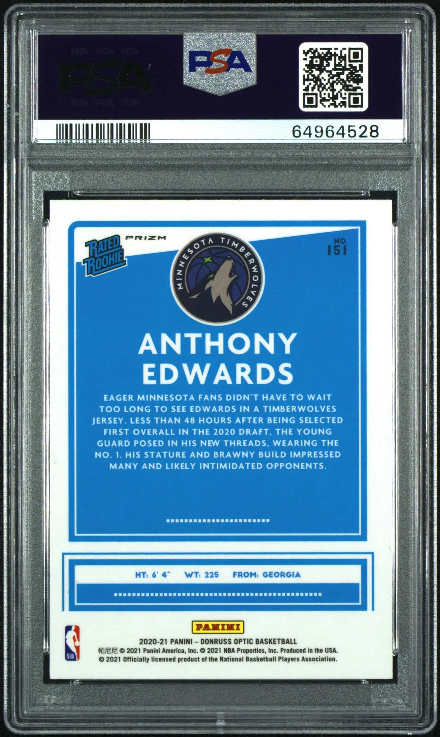 2020 Panini Donruss Optic Anthony Edwards Rated Rookie Blue Velocity PSA 10 Gem Mint Basketball Card - Perfect for Collectors, Investors & Sports Memorabilia Enthusiasts