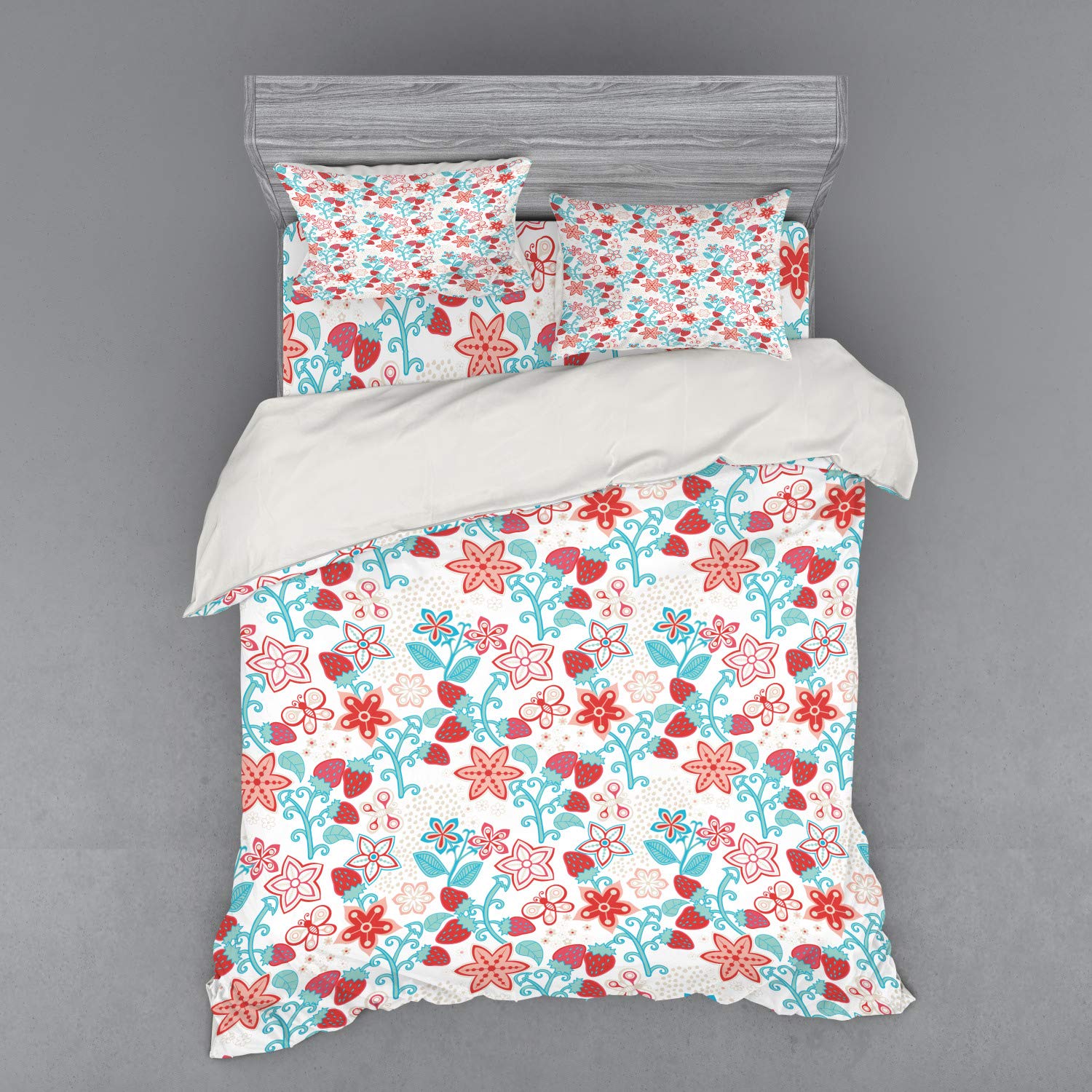 Ambesonne Floral Duvet Cover Set - Queen Size 3 Piece Bedding with Sham & Fitted Sheet, Ladybug Butterfly Strawberry Print in Dark Coral Aqua - Perfect for Kids Playroom, Nursery or Boho Chic Bedroom Decor