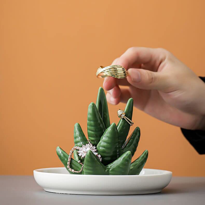 Elsjoy Set of 2 Aloe and Cactus Ceramic Jewelry Dish - Ring Holder Bracelet Earrings Necklace Organizer Tray - Decorative Succulent Trinket Dish for Wedding Birthday Gifts - Perfect for Bathroom Vanity, Bedroom Dresser, and Home Decor