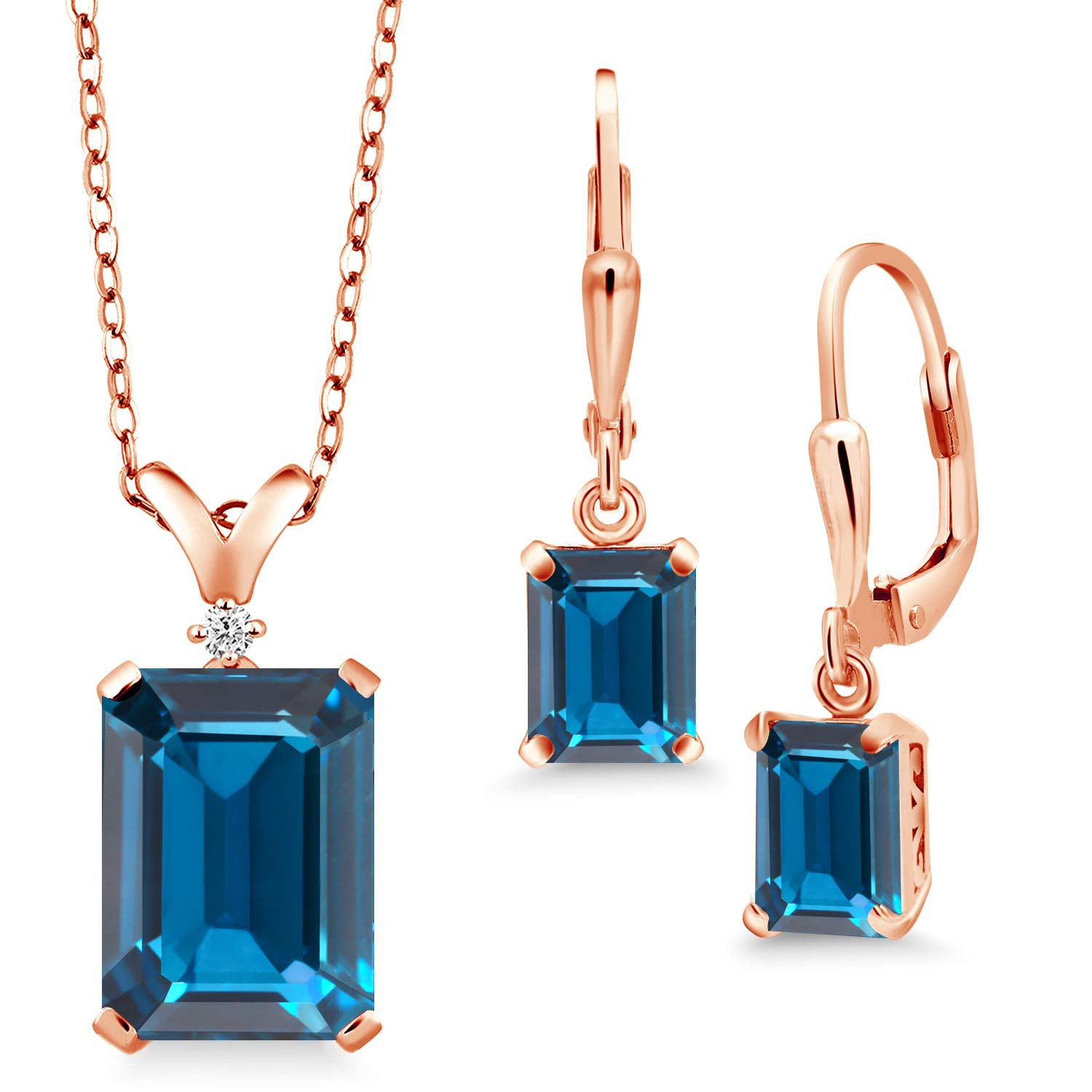 Gem Stone King 14X10MM & 8X6MM Emerald Cut Birthstone Jewelry Set - Diamond Pendant & Earrings for Women in 925 Sterling Silver with 18