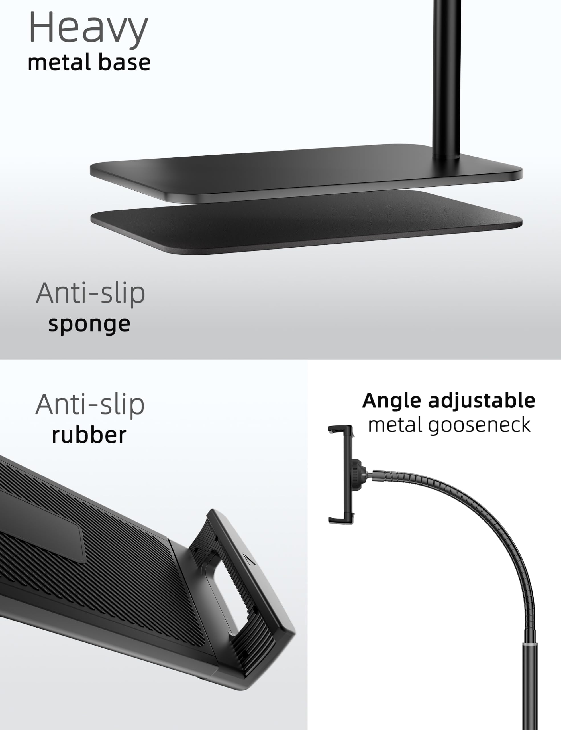 Adjustable Metal Floor Stand for iPad & Tablets (4.7''-13'') - Flexible Gooseneck Holder Compatible with Kindle, Smartphones - Perfect for Hands-Free Watching, Reading & Video Calls
