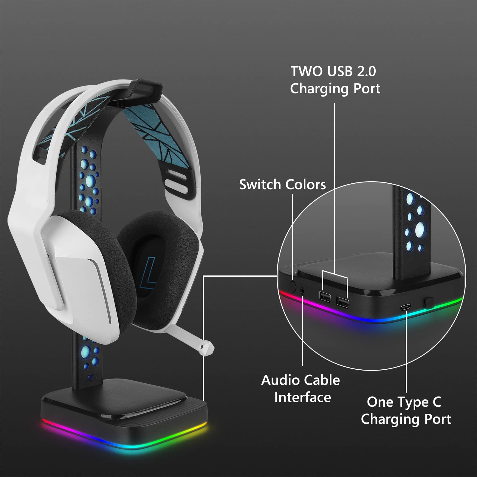 Geekria RGB ABS Headphone Stand for Over-Ear Headphones & Gaming Headsets - Heavy Base Desk Display Holder Compatible with AKG K612, HyperX Cloud II (Black) - Perfect for Gaming Setup & Office Organization