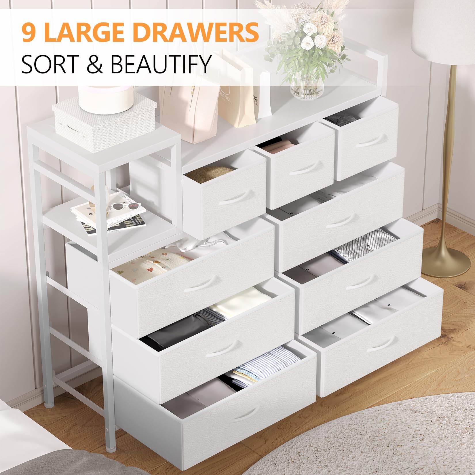 Jojoka White TV Stand with 9 Drawers & Built-in Charging Station - Modern Entertainment Center for Living Room, Bedroom & Home Office - Perfect for Organizing Electronics, Media & Storage Needs