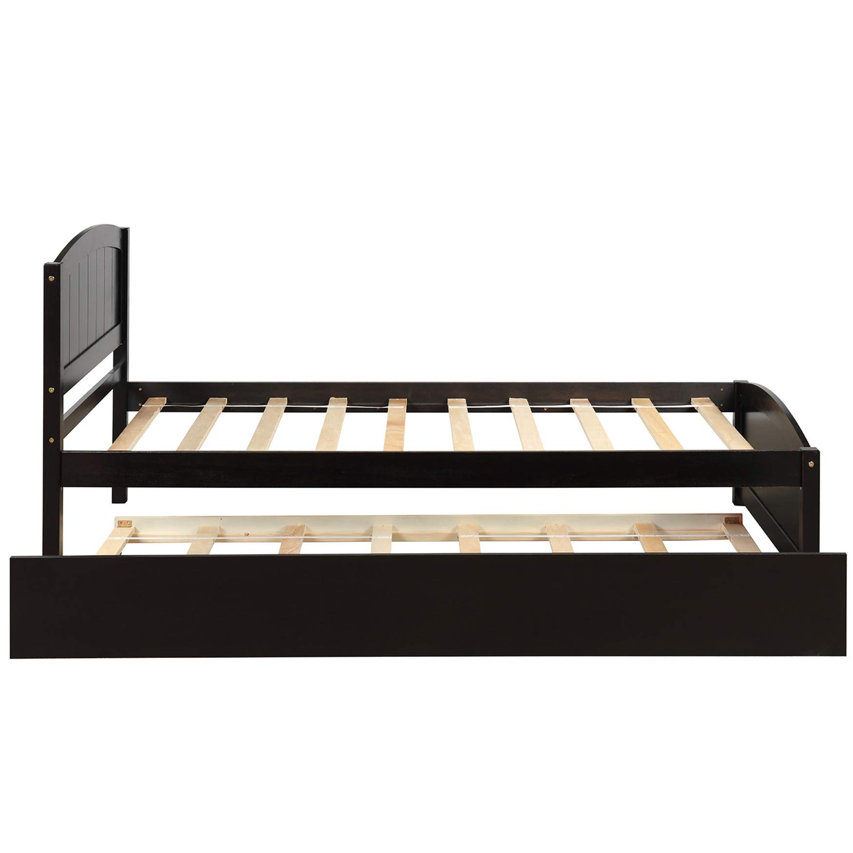 Solid Wood Twin Platform Bed with Headboard & Trundle - Finsbury Espresso for Small Spaces