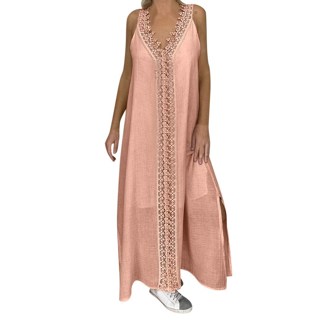 Women's Summer Casual Lace Vintage Bohemian V-Neck Sleeveless Maxi Dress - Plus Size Floral Print for Beach, Party & Vacation