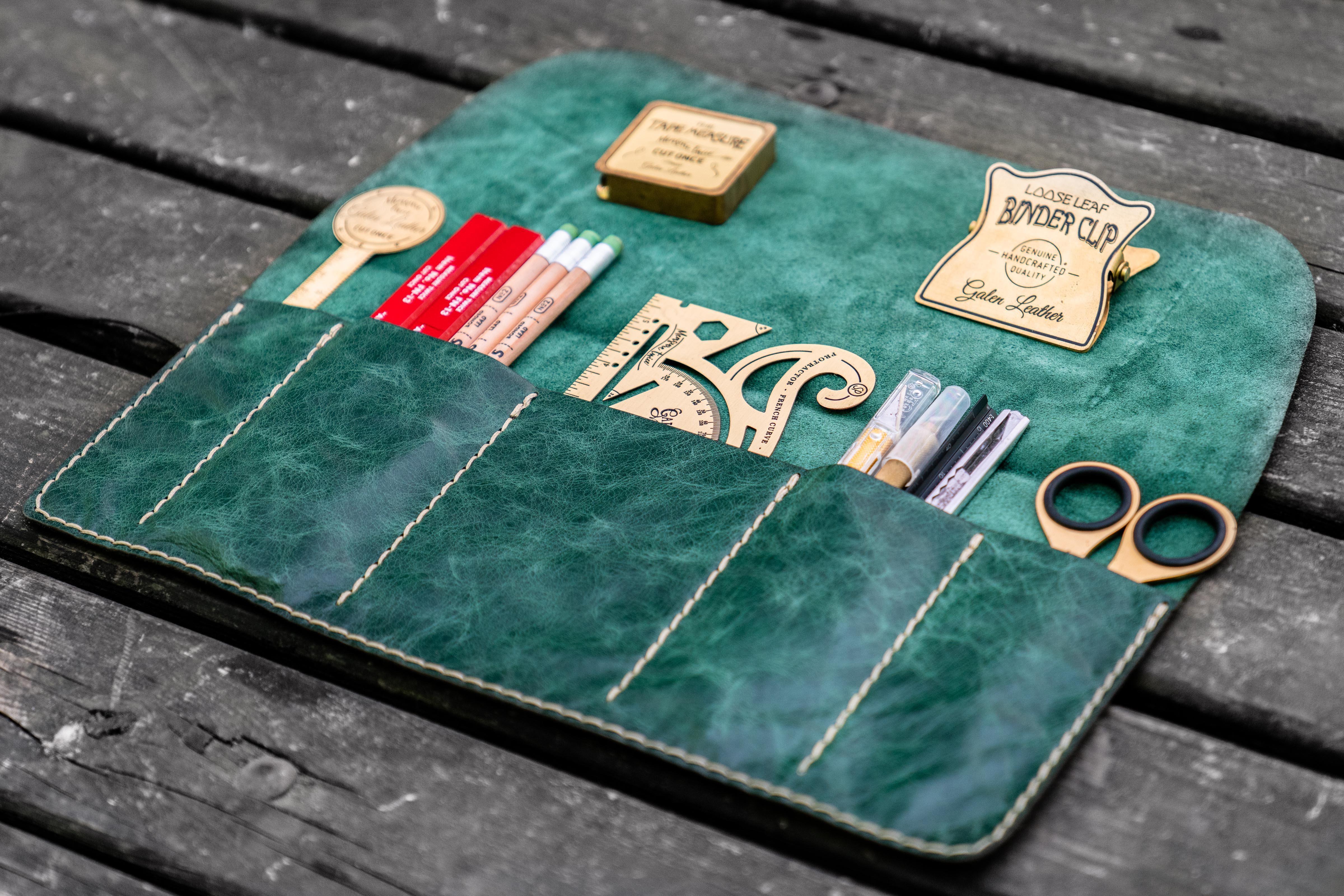 Personalized Leather Pen Roll - Rustic Green Handmade Writing Case for Fountain Pens, Calligraphy & Stationery - Perfect for Artists, Writers & Office Use