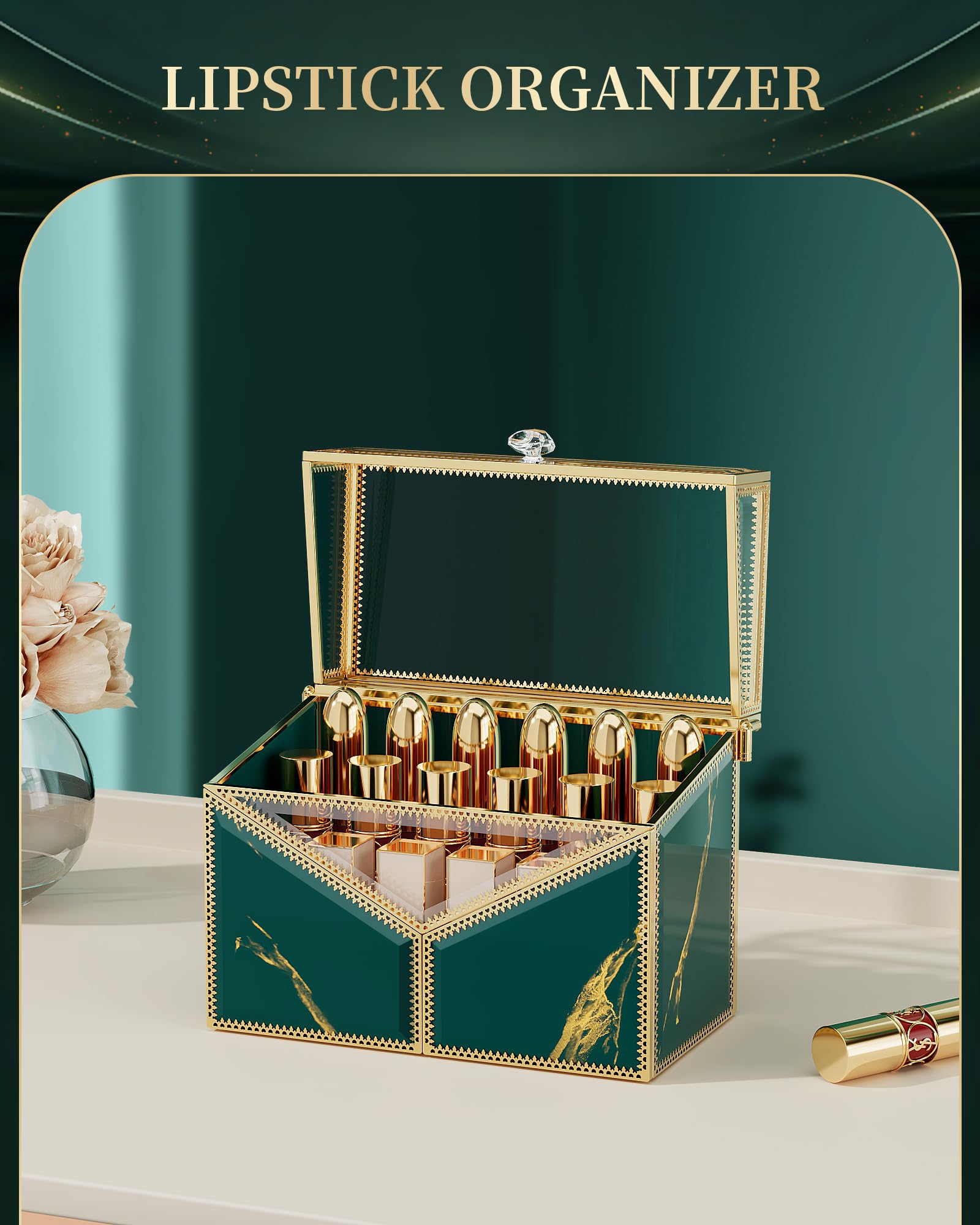 Premium Lipstick Organizer - 18-Slot Tempered Glass Cosmetic Holder for Lipsticks & Nail Polishes | Luxury Vanity Storage with Removable Dividers | Perfect for Makeup Counter, Bathroom & Dressing Table Organization (Green)
