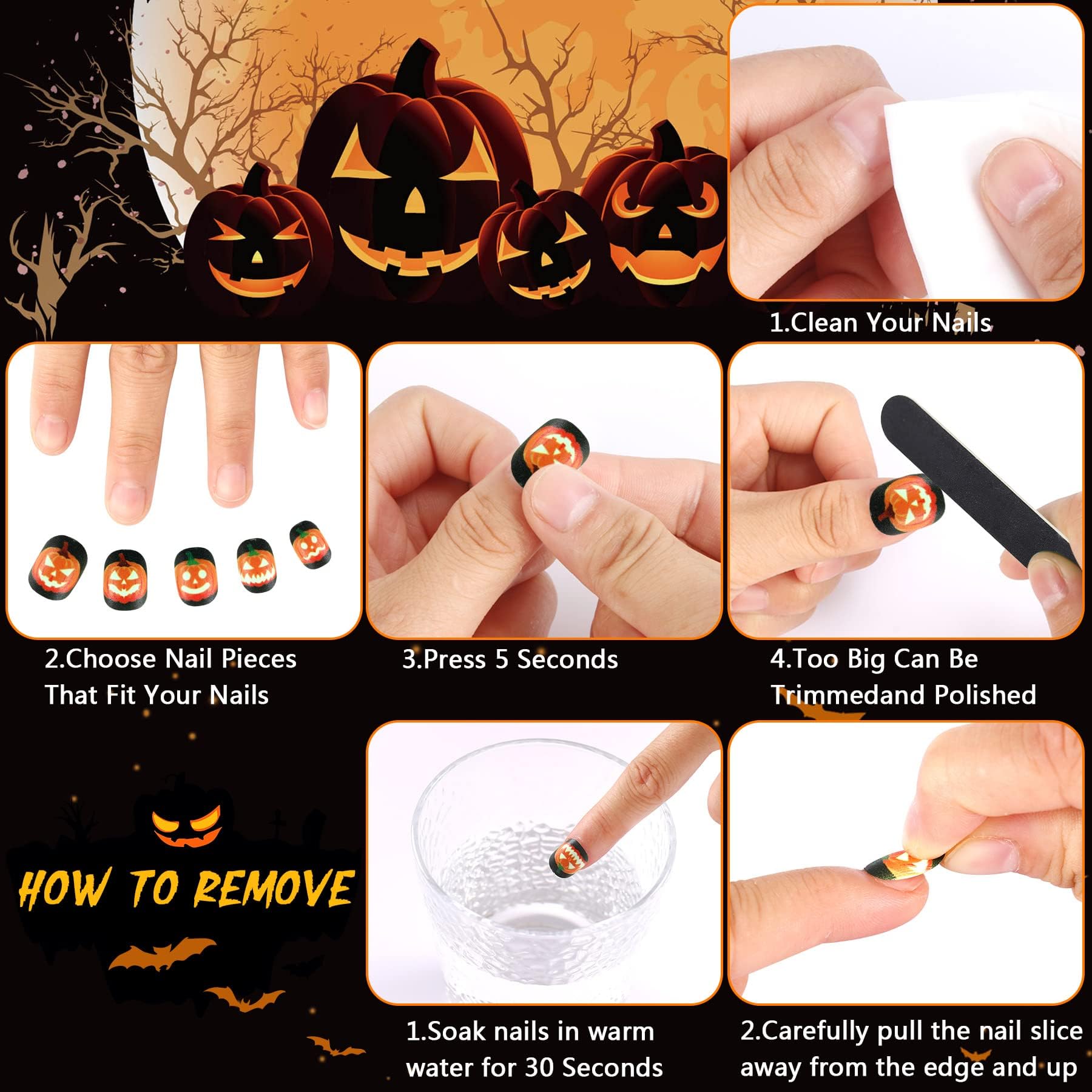 JANYUN Halloween Glow in the Dark Kids Fake Nails - 192 Pcs Short Glowing False Nails with Pumpkin, Spider & Bat Designs for Girls, Nail Art Party & Halloween Costume Accessories (Perfect for Trick-or-Treating, Costume Parties & Spooky Nail Decorations)