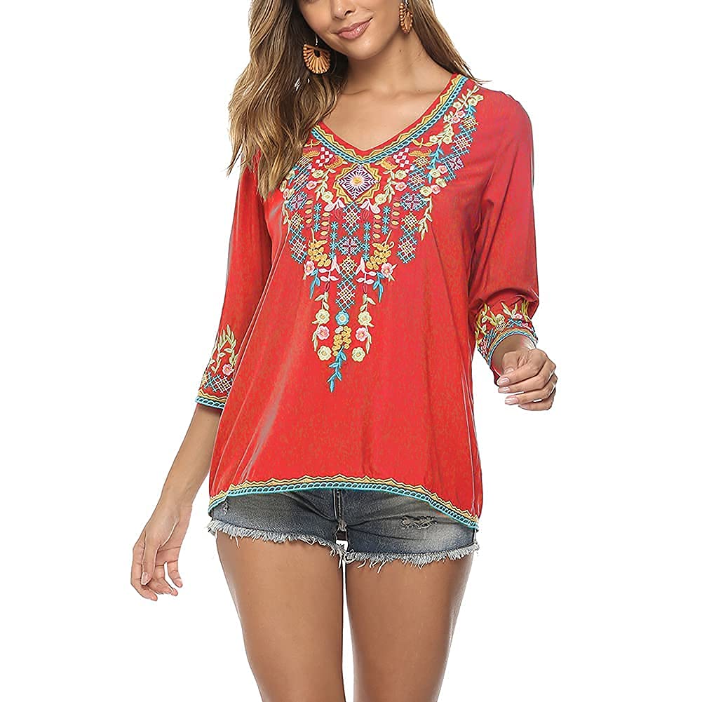 Grosy Women's Casual Summer Tops - Bohemian Floral Embroidered Blouse, Mexican Peasant Shirt for Women | Perfect for Beach Vacations, Music Festivals & Boho Chic Outfits