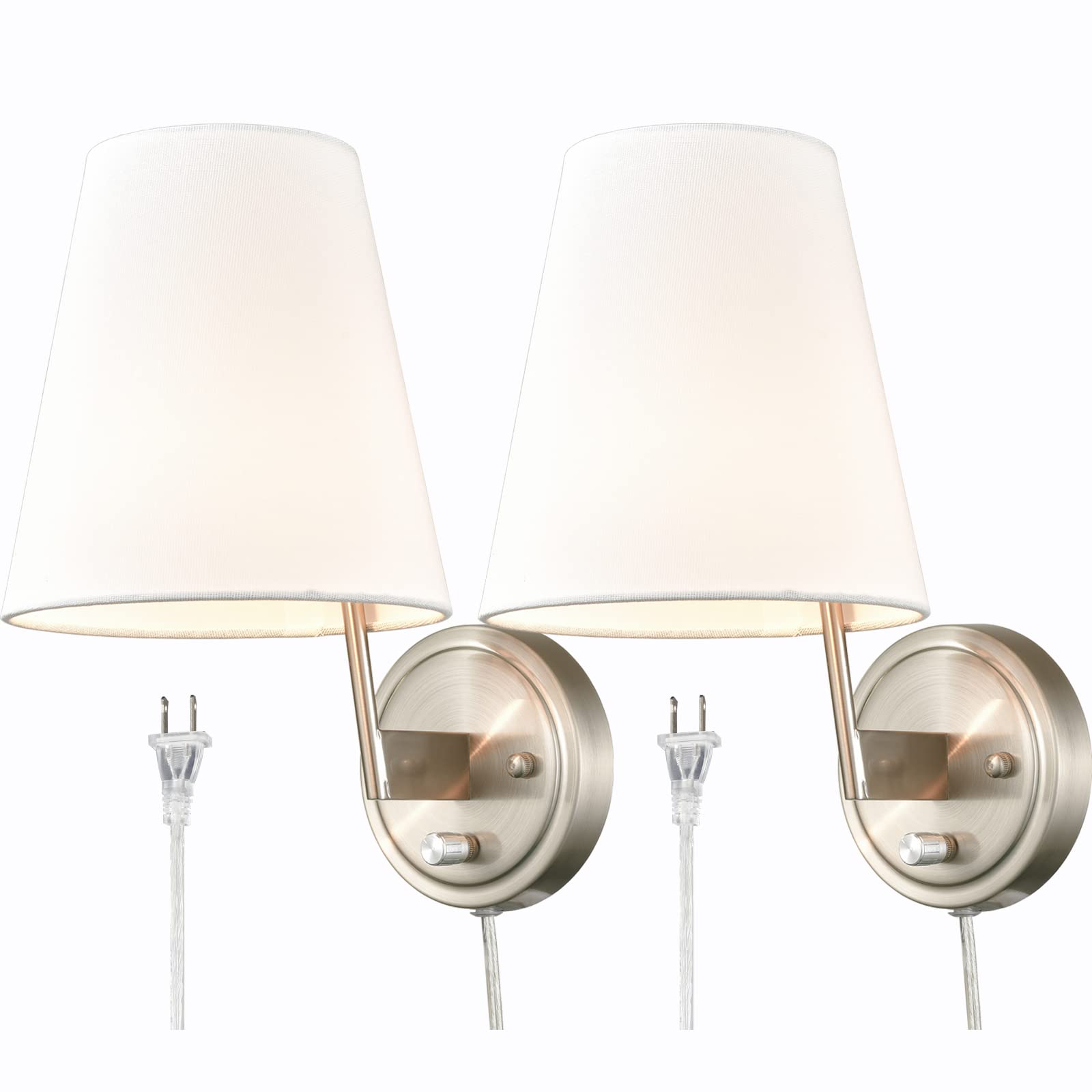 Modern Plug-in Wall Sconces Set of 2 - Brushed Nickel with Fabric Shade - Plug-in Cord Wall Lamp for Bedroom, Living Room, and Hallway - Easy Installation No Wiring Needed
