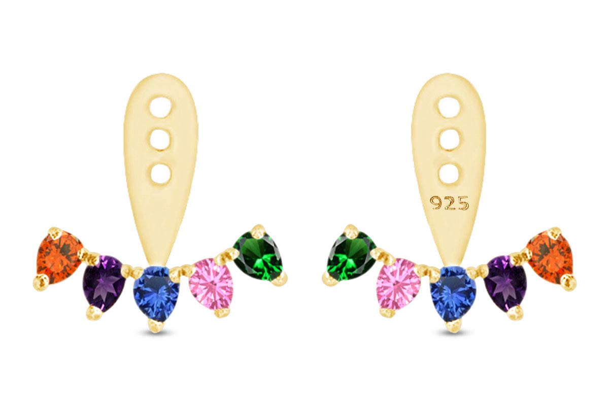 14K Gold Over Sterling Silver Rainbow Sapphire Stud Earrings for Women - Pear Shaped Simulated Gemstone Jacket Earrings for Daily Wear, Parties & Special Occasions