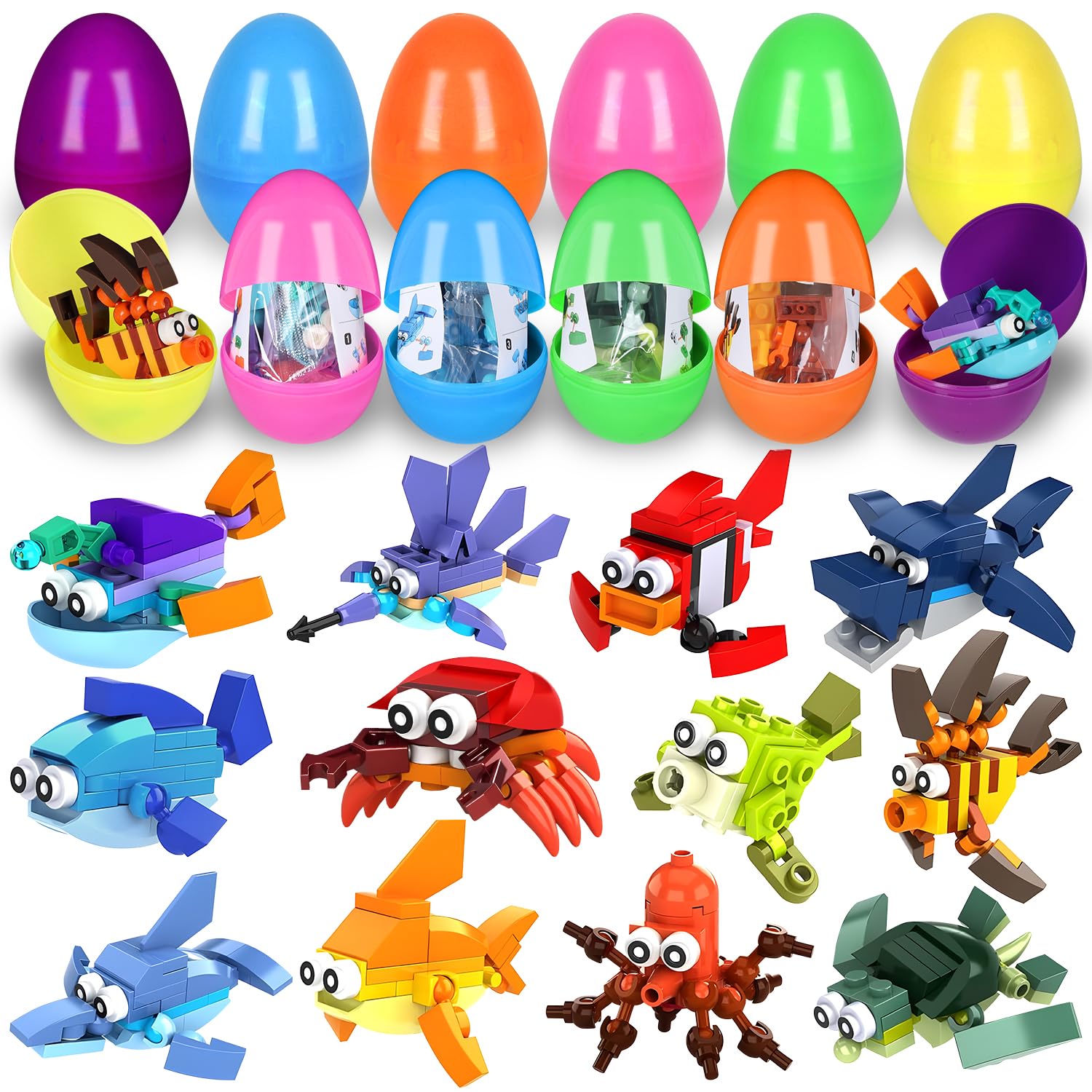 24 Pack Prefilled Easter Eggs with Ocean Animal Building Blocks - Easter Basket Stuffers, Egg Hunt Party Favors & Kids Gifts for Easter Celebrations, Birthday Parties & Classroom Rewards