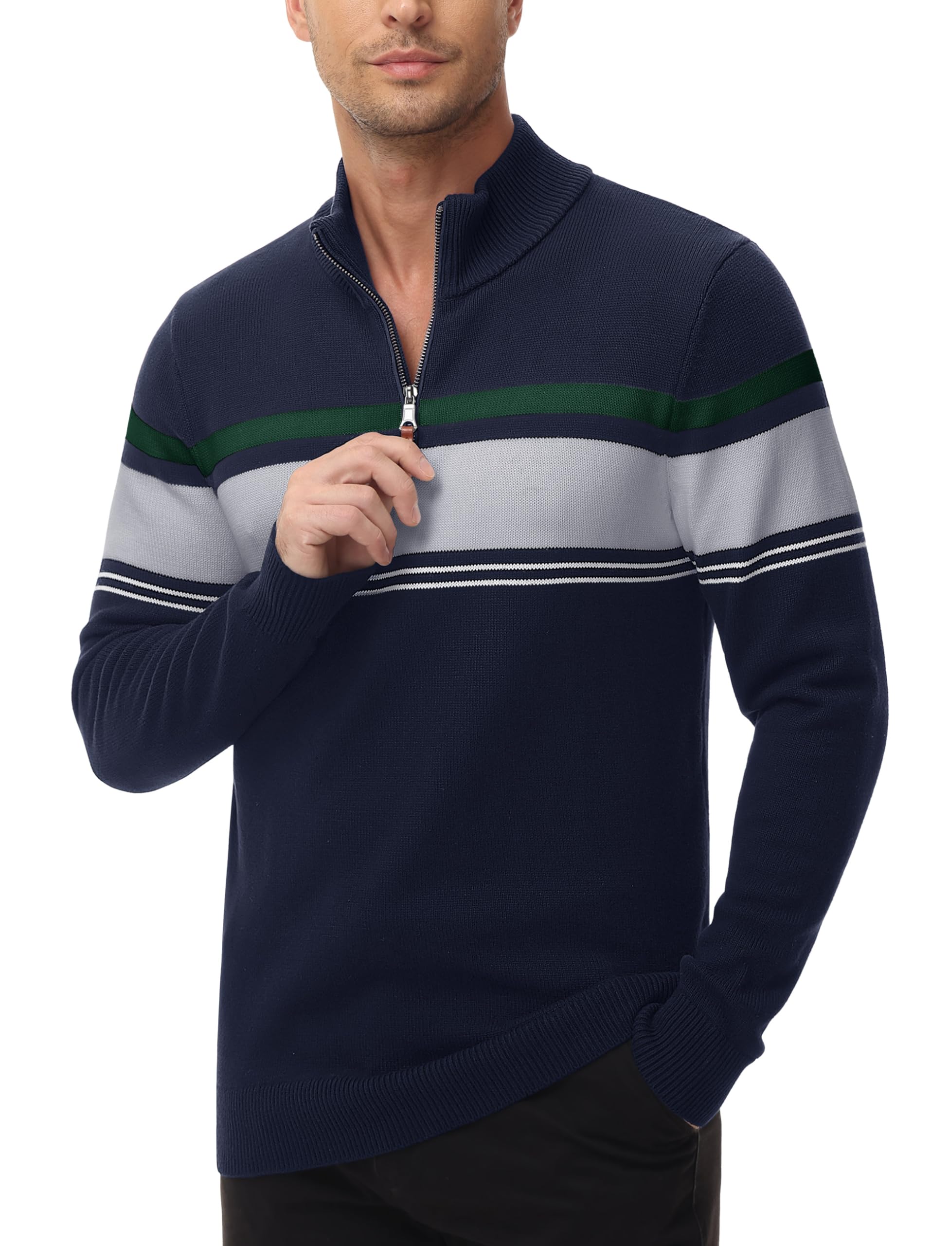 MAGCOMSEN Men's 1/4 Zip Cotton Sweater Pullover - Striped Polo Sweater for Fall & Winter | Warm Casual Knit Sweatshirt for Office, Outdoor & Daily Wear